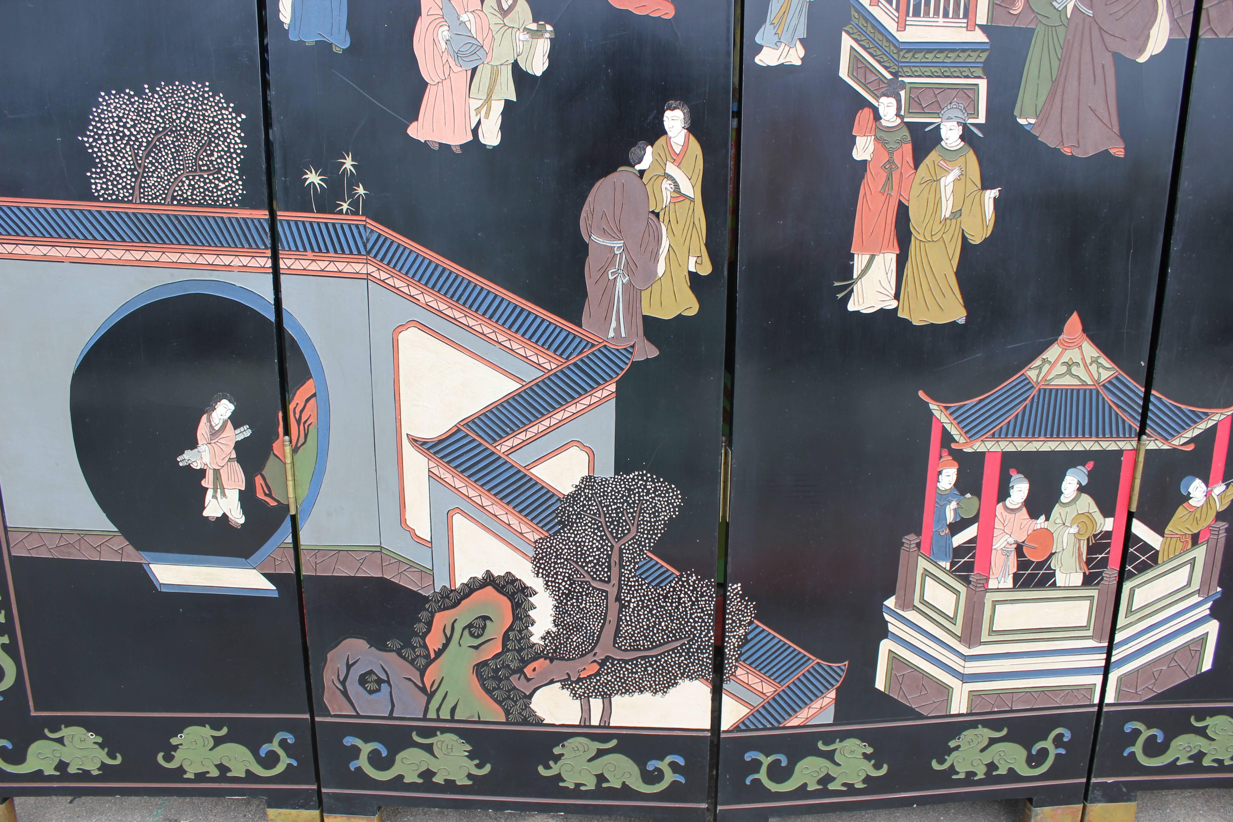 Chinese Export Chinese Eight-Panel Coromandel Screen, Hand Carved and Painted Hanzi Characters