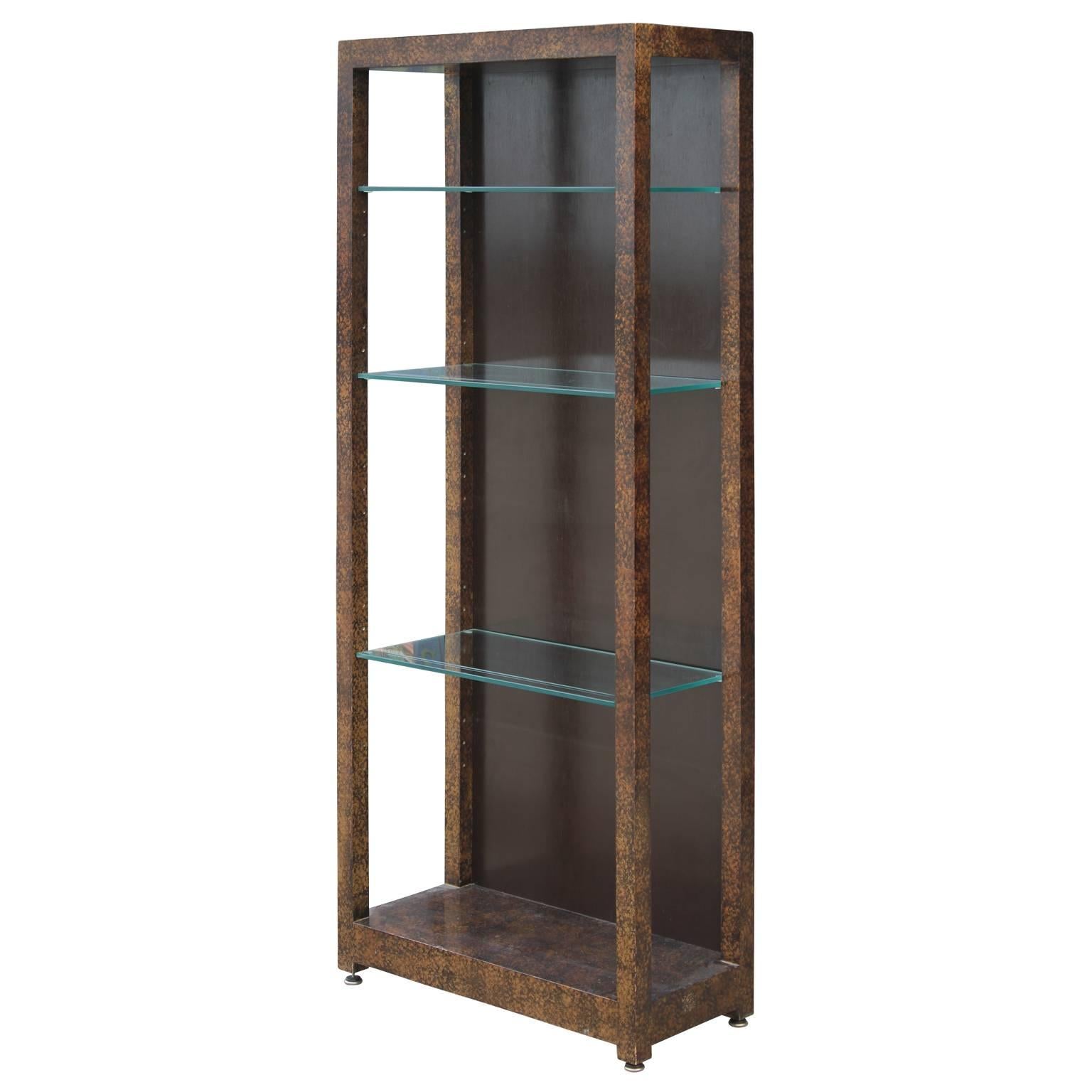 Pair Modern Henredon Oil Drop Display / Book Cases with Tortoise Finish In Good Condition In Houston, TX