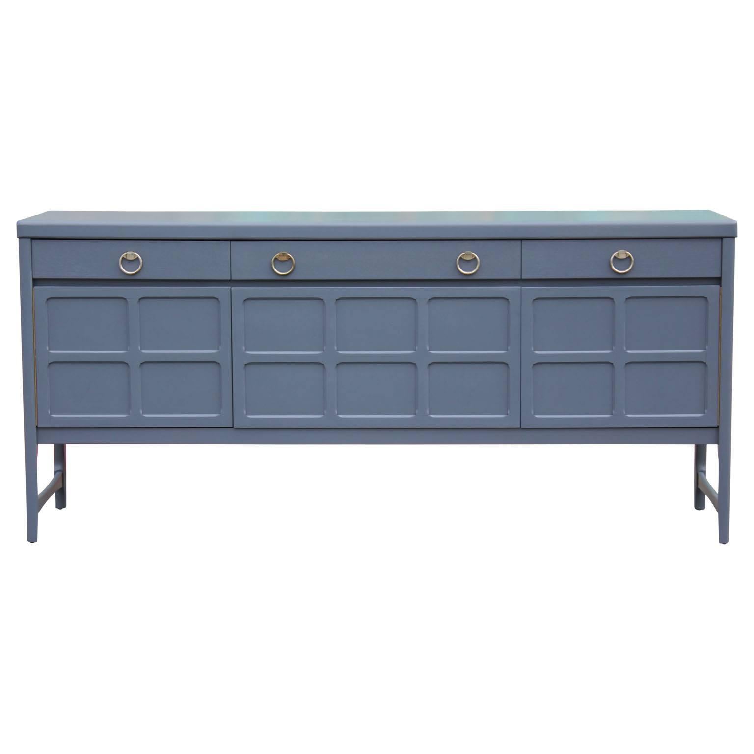 Hollywood Regency Deep Grey or Blue Credenza with Brass Pulls