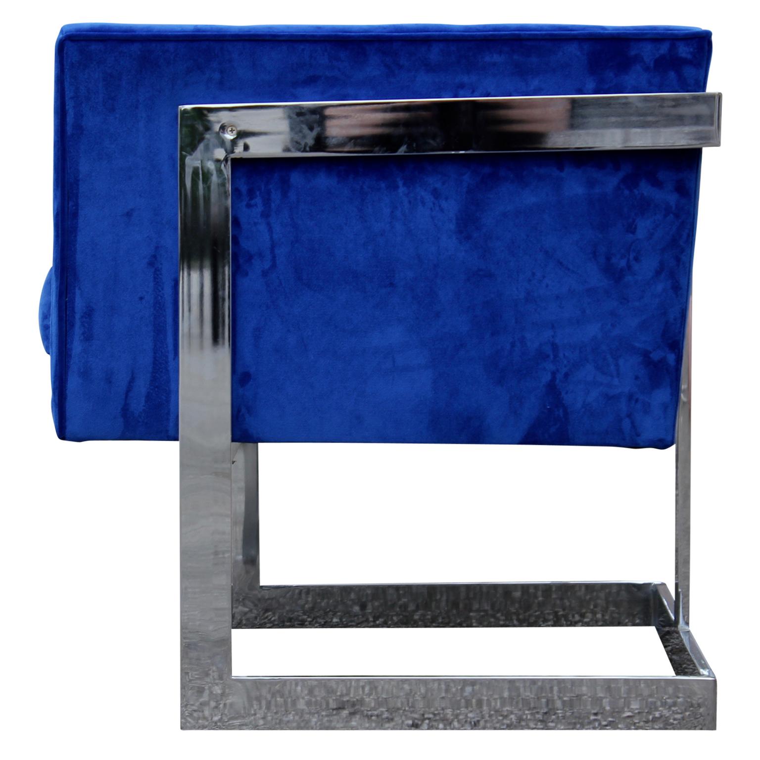 Mid-20th Century Modern Milo Baughman for Thayer Coggin Blue Velvet and Chrome Cube Lounge Chair