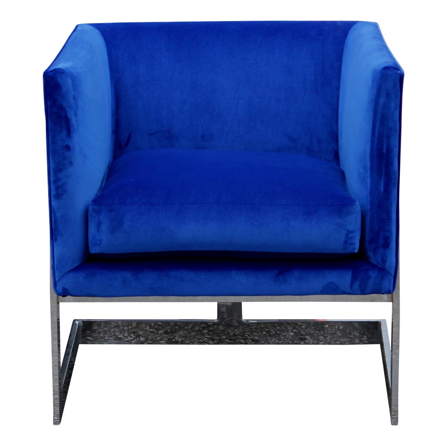 Modern Milo Baughman for Thayer Coggin Blue Velvet and Chrome Cube Lounge Chair 1