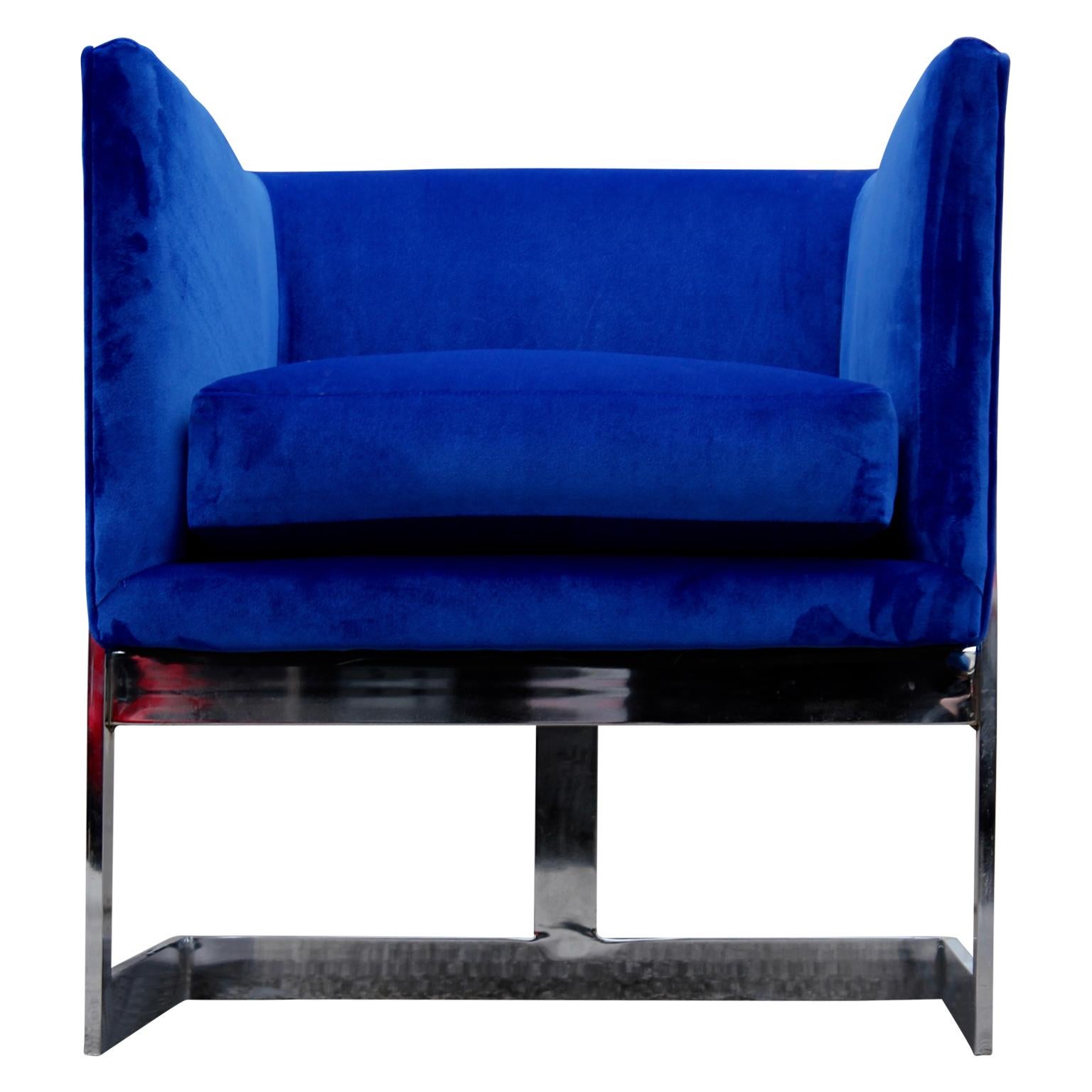 Modern Milo Baughman for Thayer Coggin Blue Velvet and Chrome Cube Lounge Chair 2