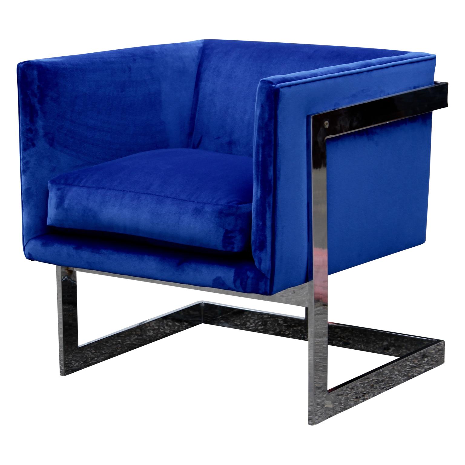 Modern Milo Baughman for Thayer Coggin Blue Velvet and Chrome Cube Lounge Chair In Excellent Condition In Houston, TX