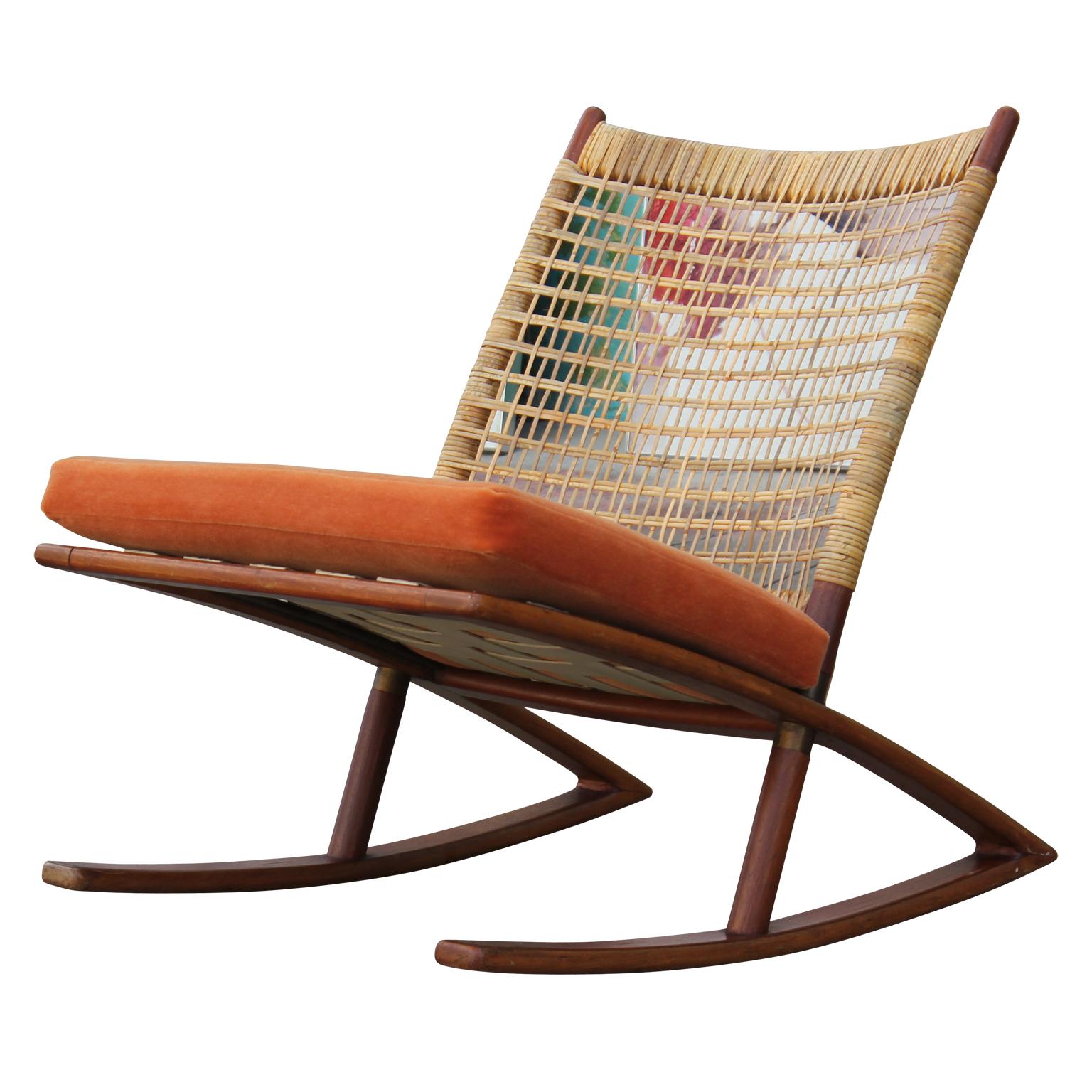 Mid-Century Modern Modern Fredrik Kayser Teak Cane and Leather Strapping Rocking Chair