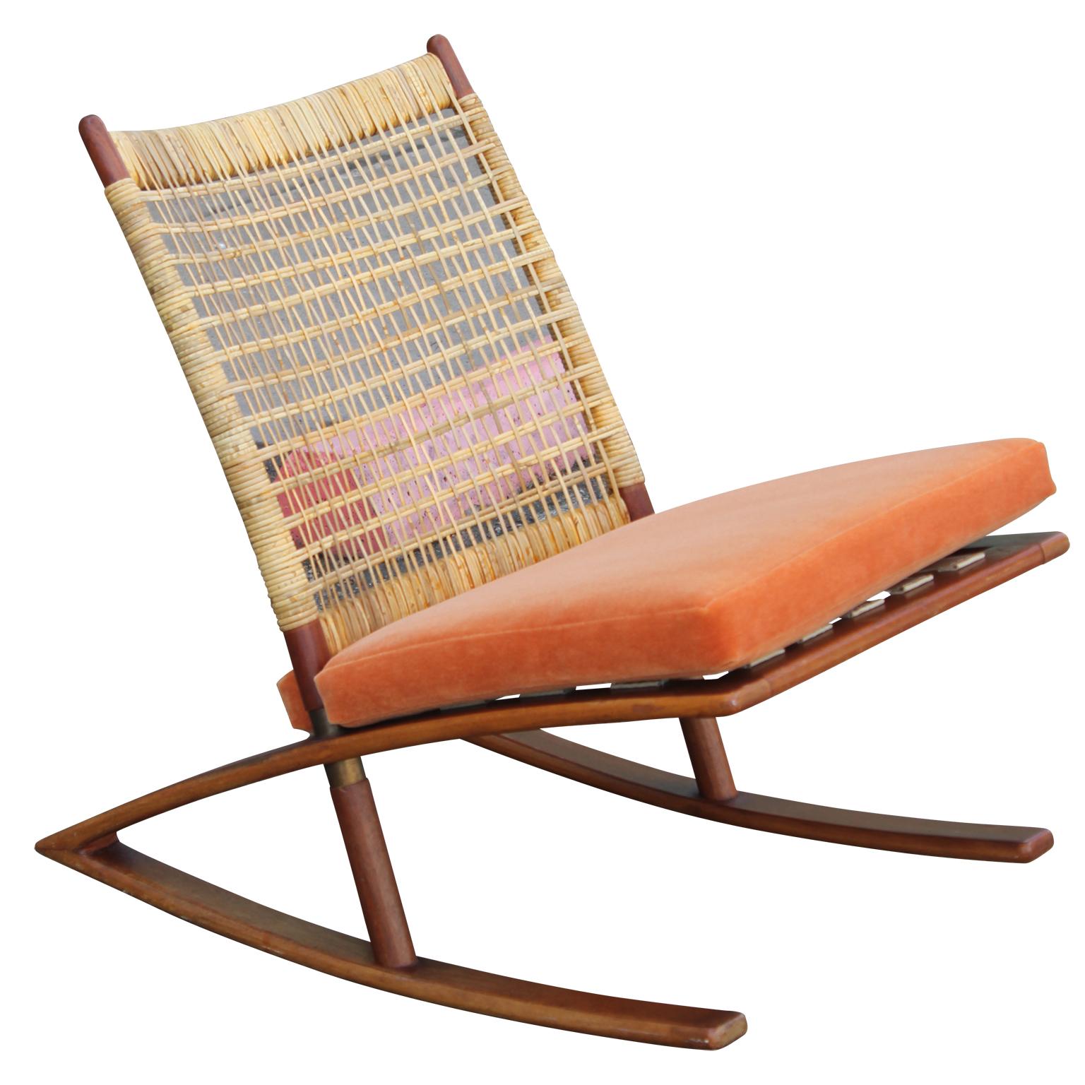 Modern Fredrik Kayser Teak Cane and Leather Strapping Rocking Chair