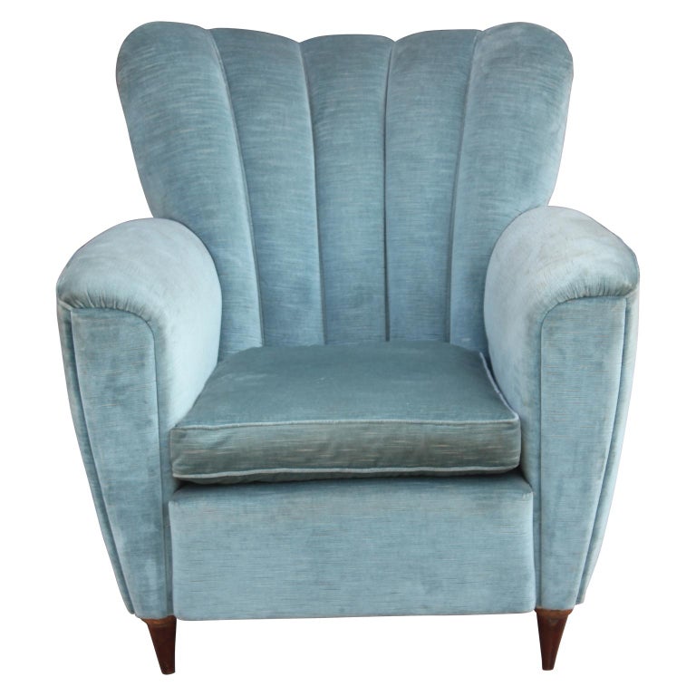 Pair of Brandt Tall Back Lounge Chairs in Jewel Tone Stripe and Blue
