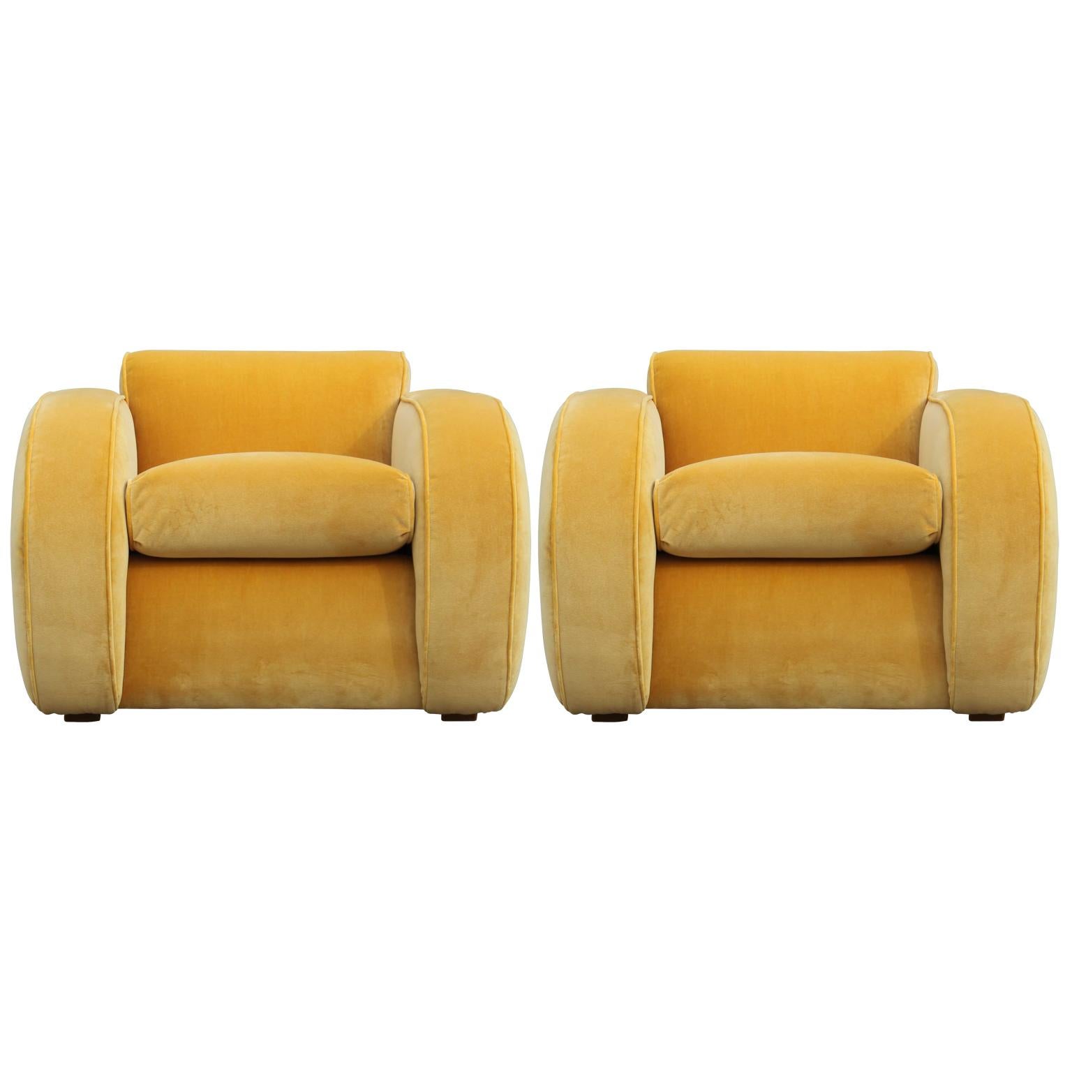 Pair of Large Restored Modern Deco Yellow Velvet Streamline Club Chairs