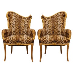 Pair of Gold Leaf Cheetah Print Reupholstered Fireside Chairs