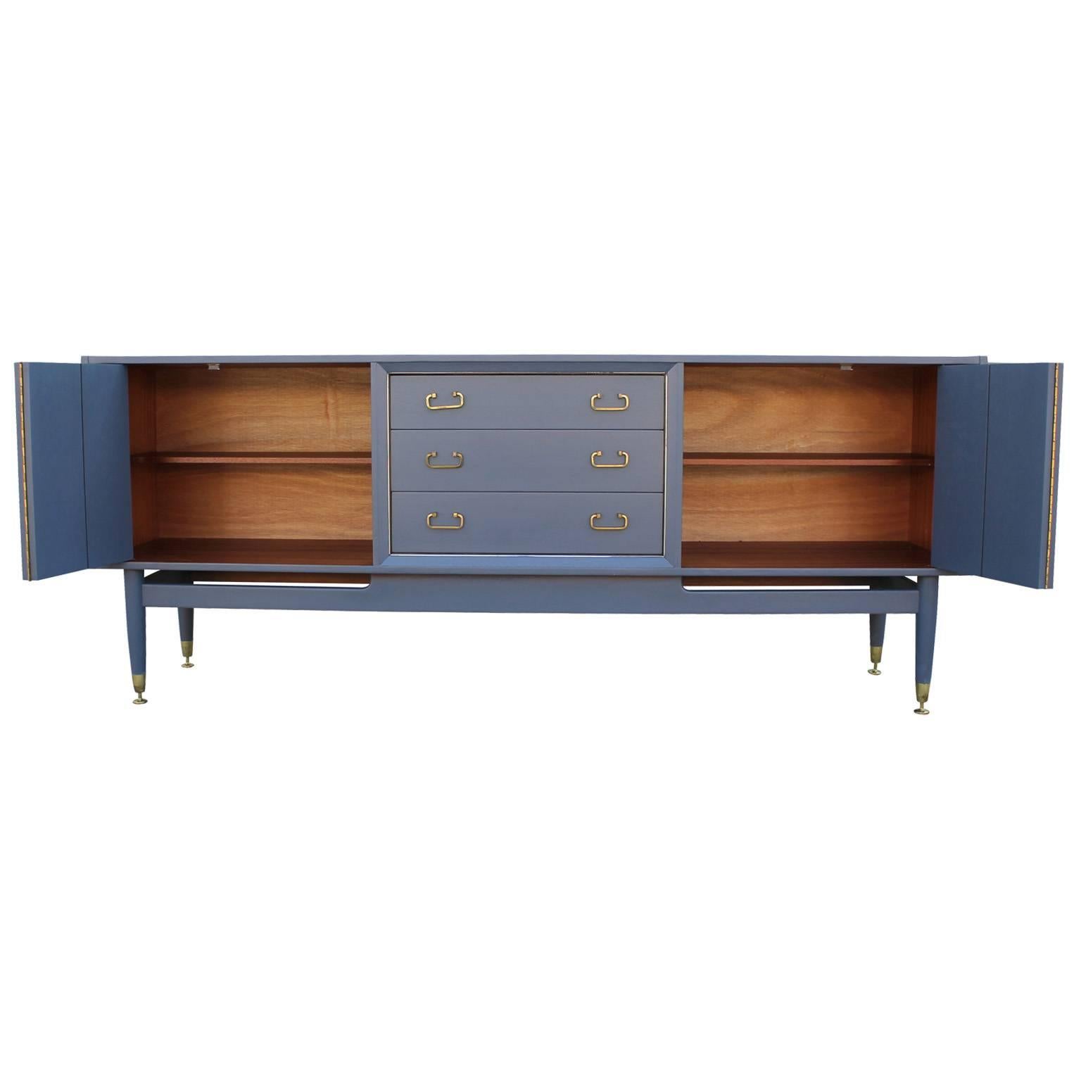 European French Blue Grey Sideboard with Shiny Brass Hardware
