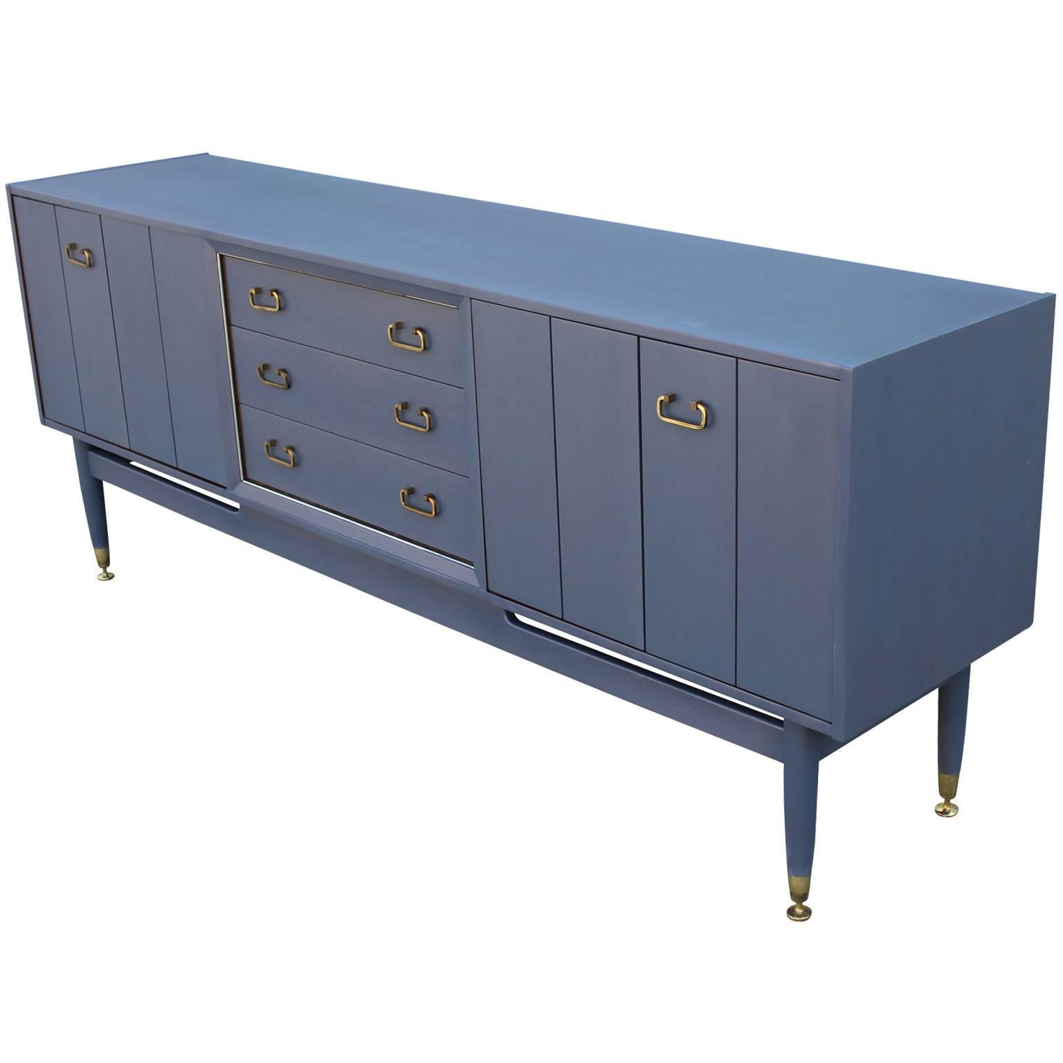 Mid-Century Modern French Blue Grey Sideboard with Shiny Brass Hardware