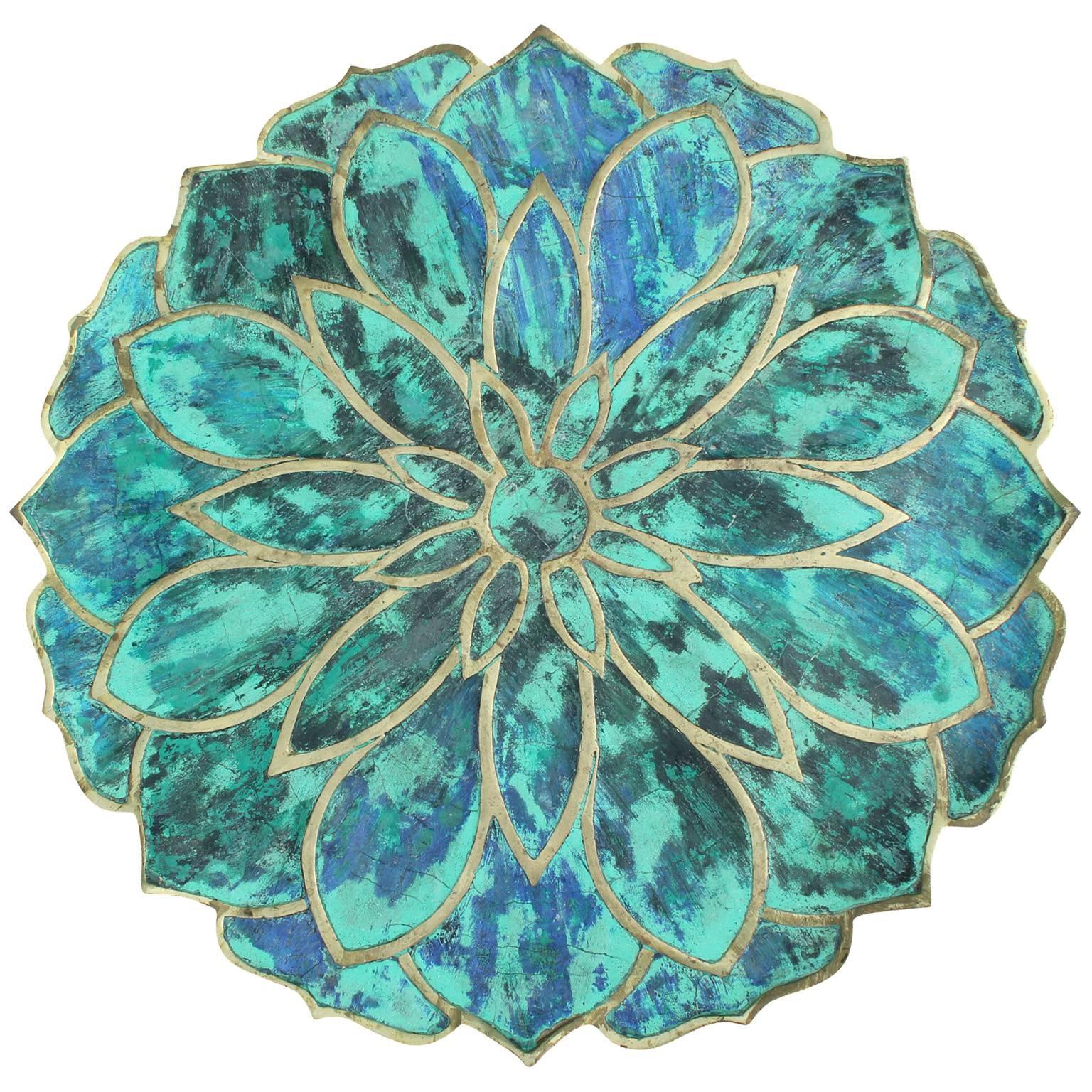 Impressive large Pepe Mendoza bronze lotus table with beautiful turquoise inlay.    In Excellent vintage condition.