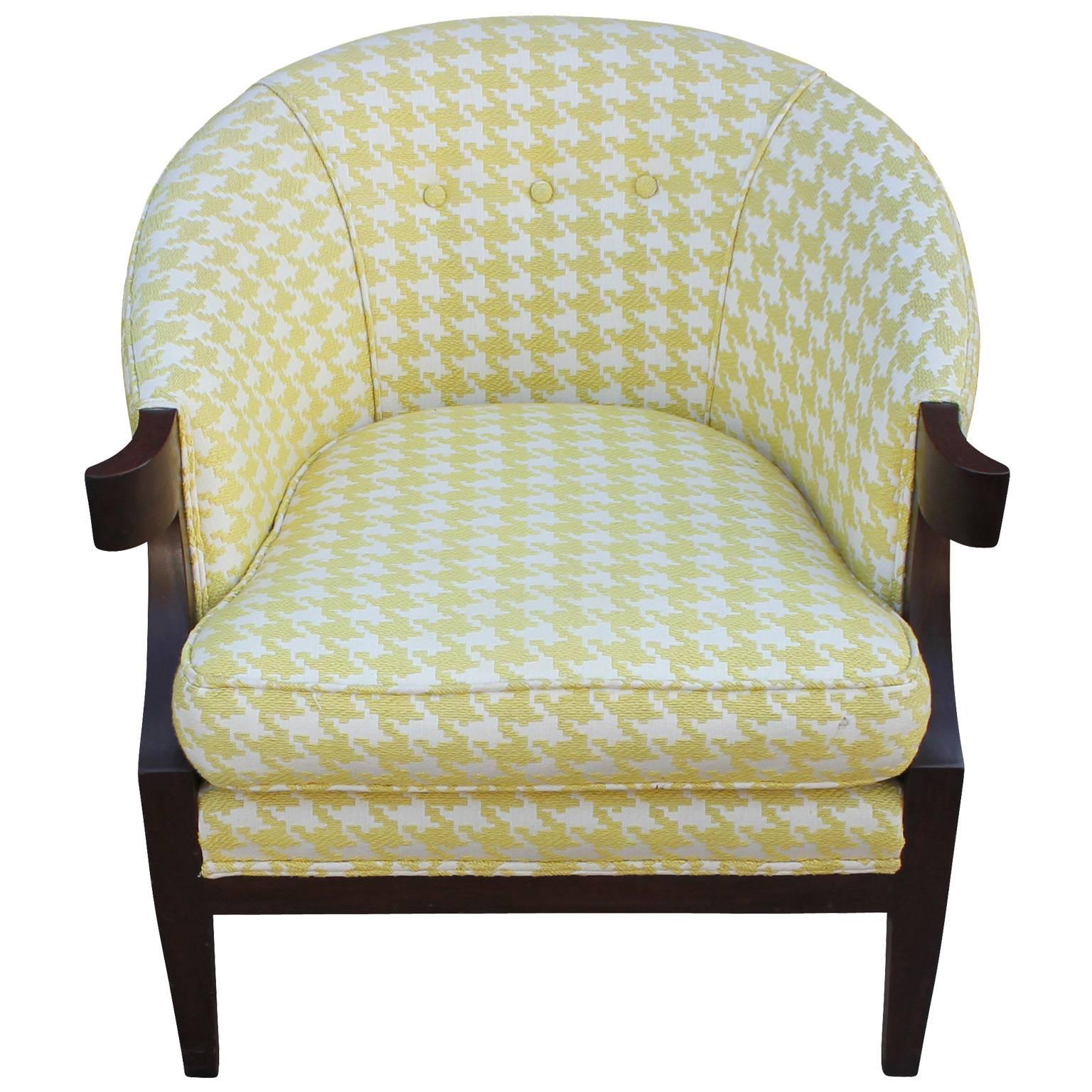Beautiful pair of original Baker Furniture Lounge chairs in a wonder full yellow and white houndstooth fabric. The chairs are in excellent vintage condition.