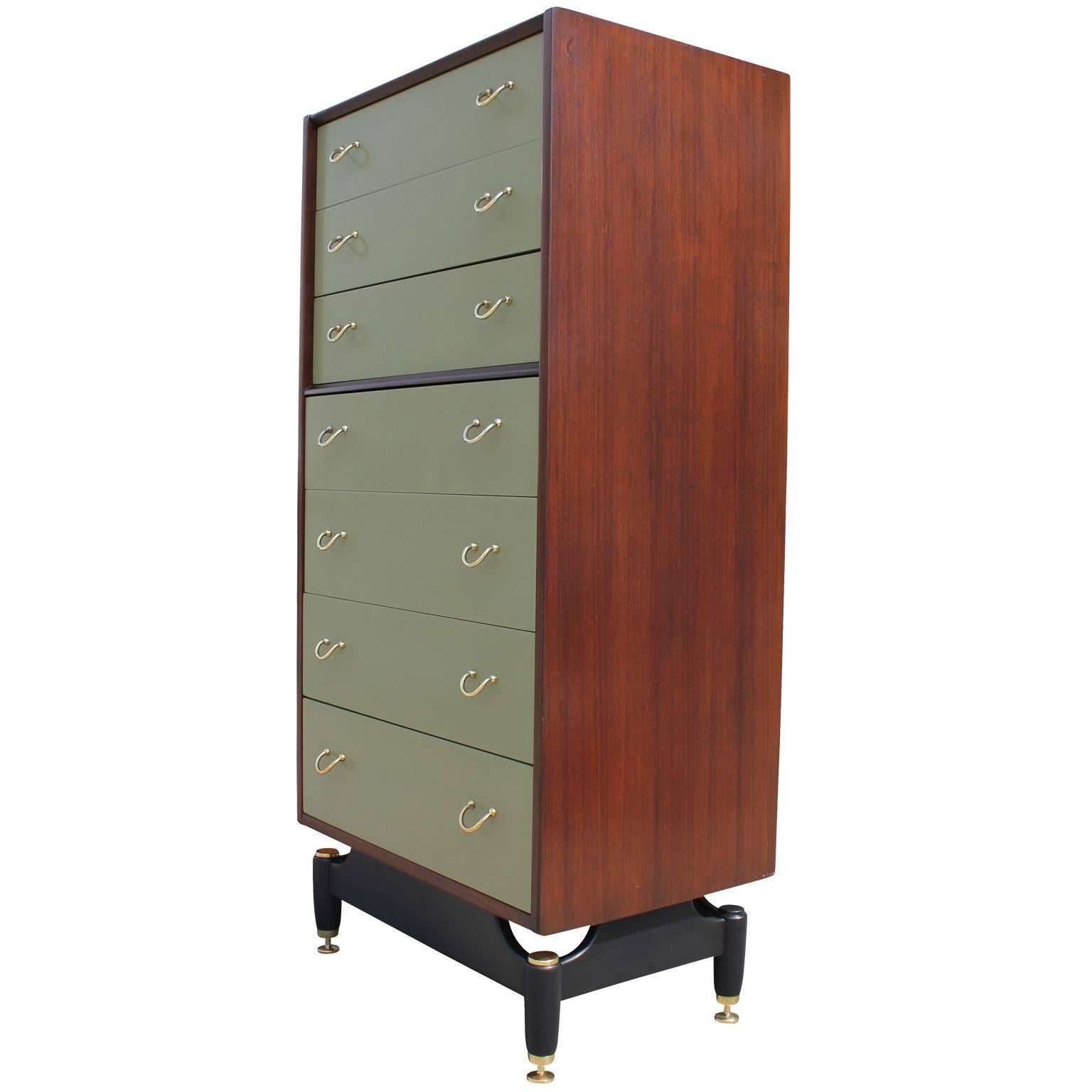 Stunning Pair of Walnut Green Lacquer and Brass Modern Dressers In Excellent Condition In Houston, TX