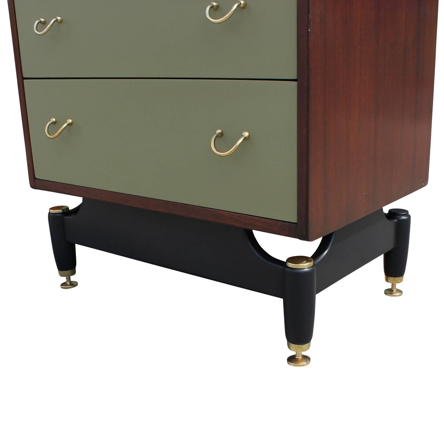 Stunning Pair of Walnut Green Lacquer and Brass Modern Dressers 2