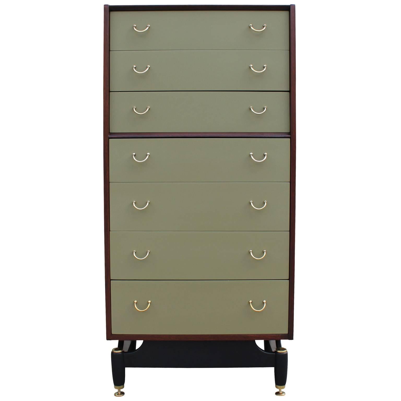 European Stunning Pair of Walnut Green Lacquer and Brass Modern Dressers
