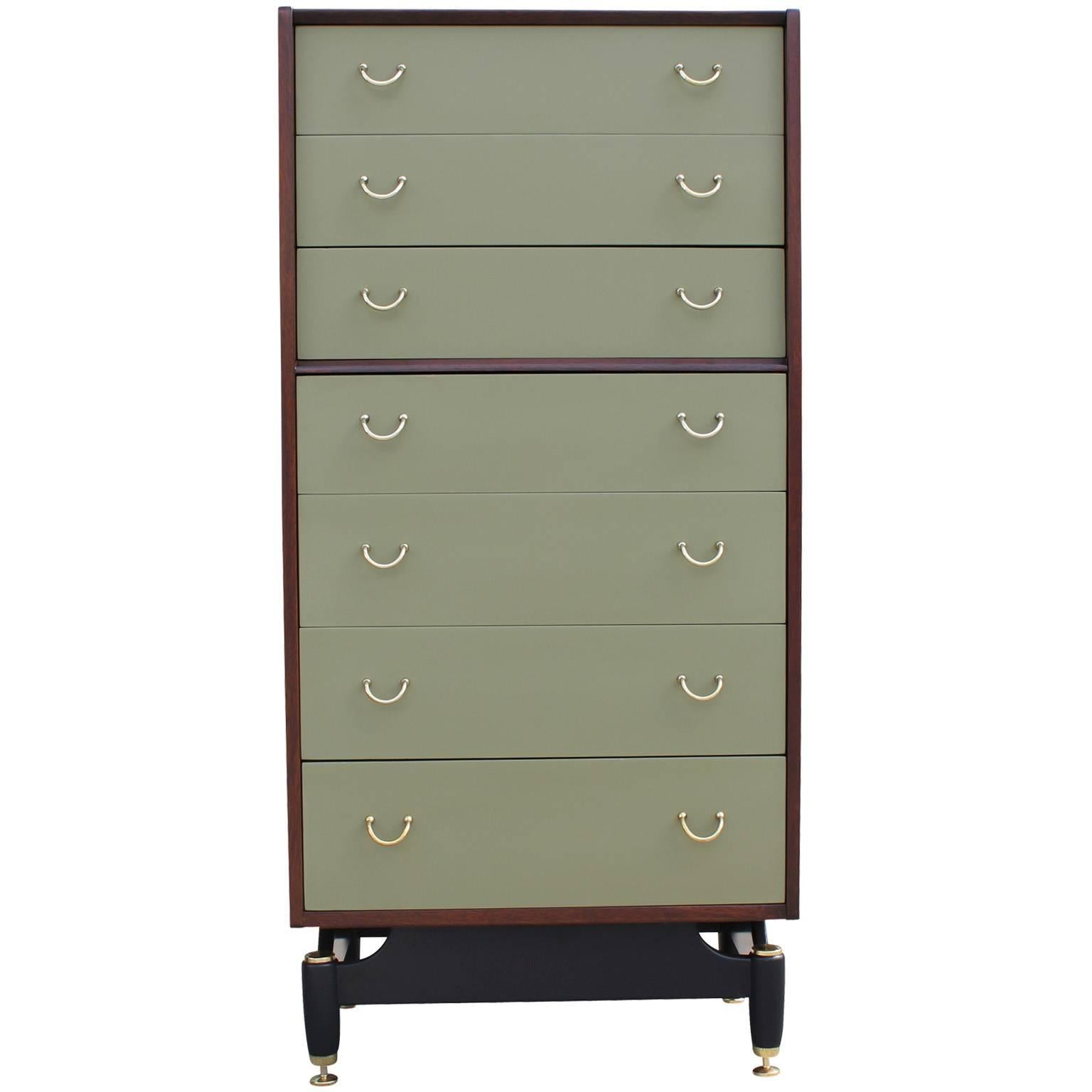 Mid-20th Century Stunning Pair of Walnut Green Lacquer and Brass Modern Dressers