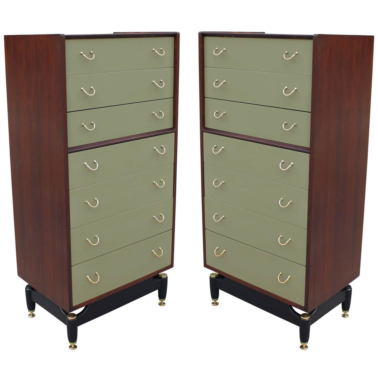 Stunning Pair of Walnut Green Lacquer and Brass Modern Dressers
