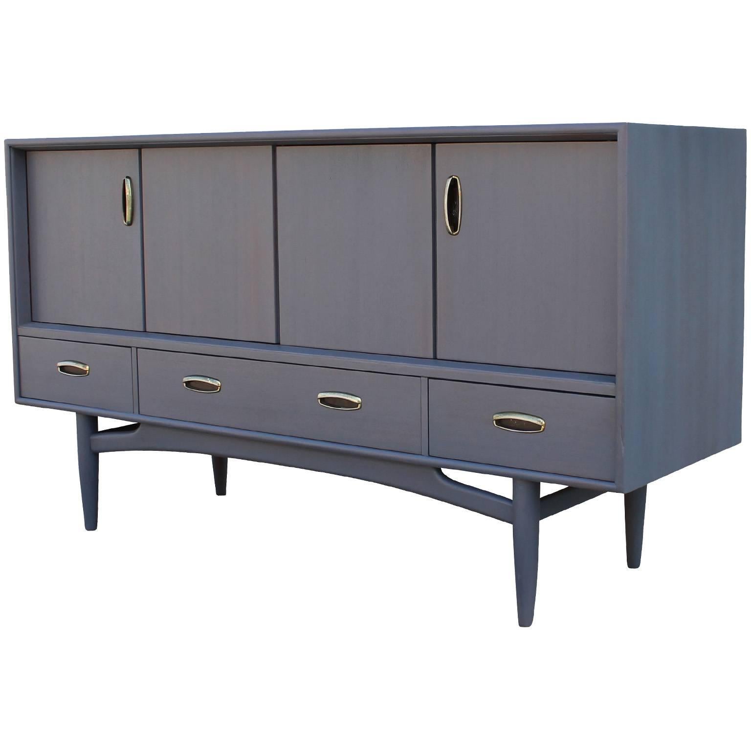 Mid-Century Modern French Blue and Grey Sideboard with Brass Hardware