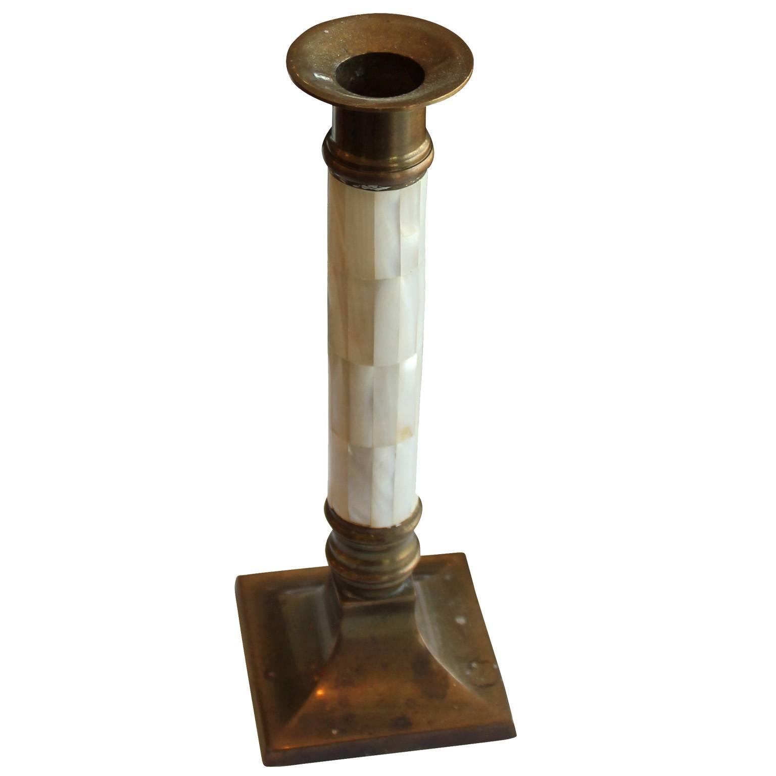 brass and mother of pearl candlesticks