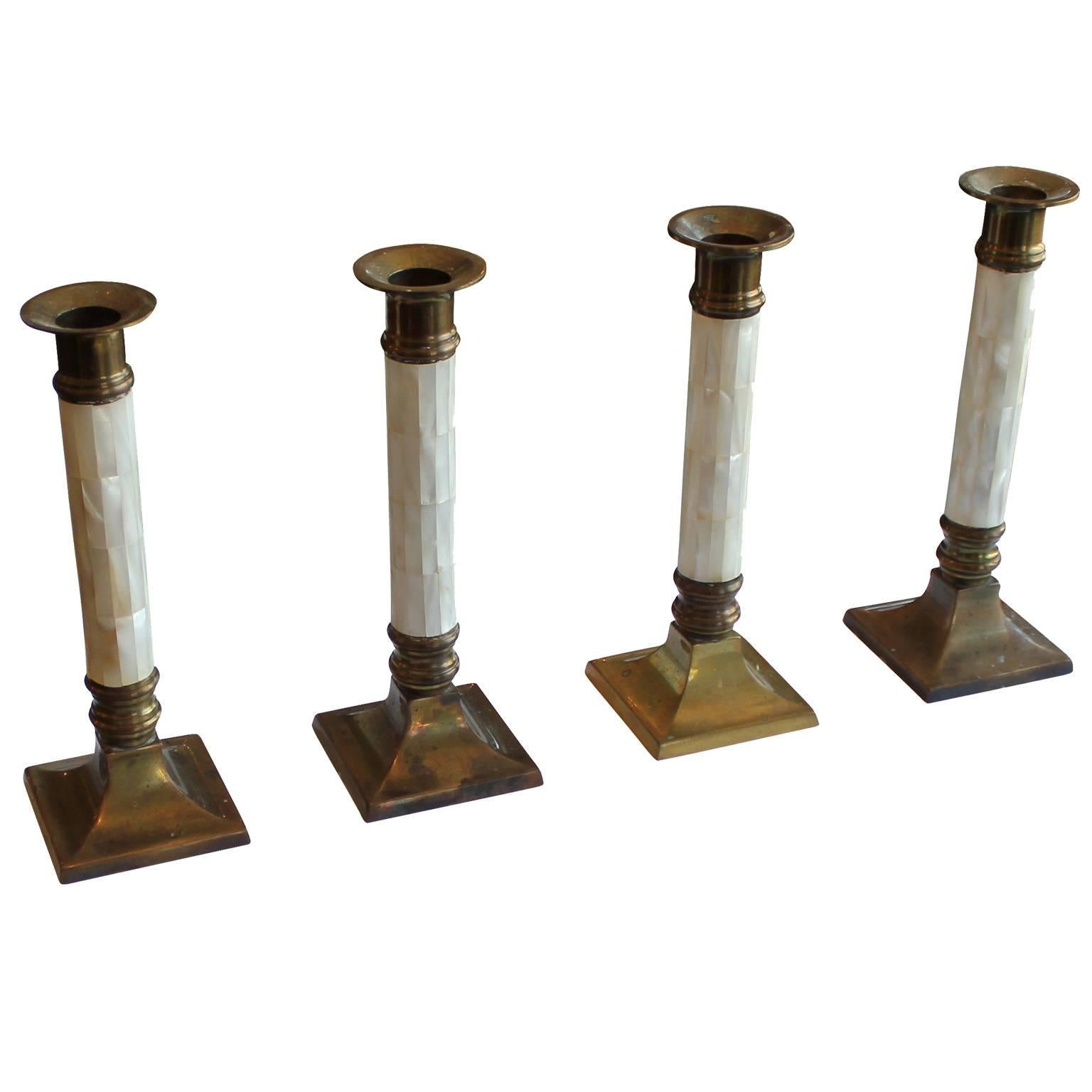 Set of Four Brass and Mother of Pearl Hollywood Regency Candlesticks In Excellent Condition In Houston, TX