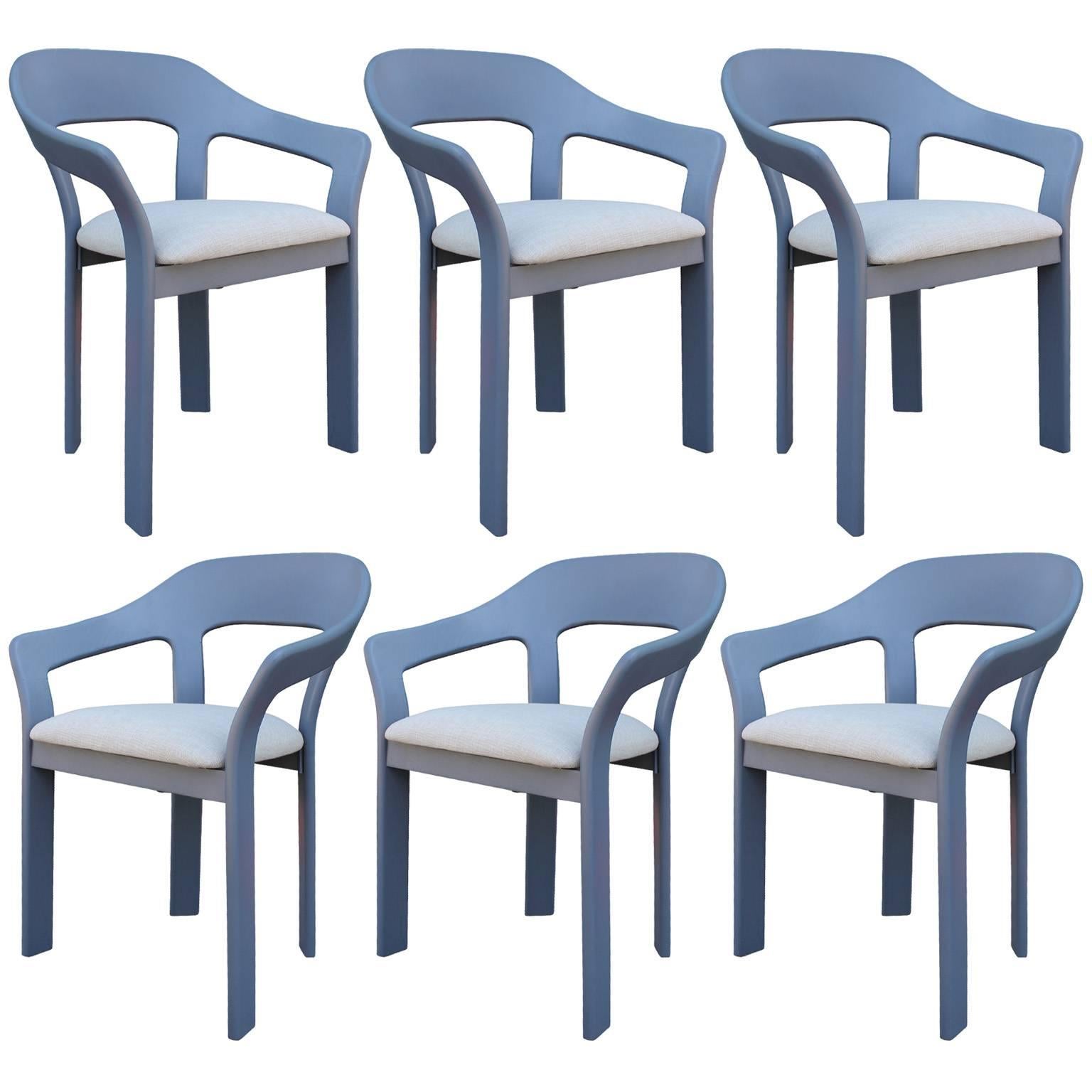 Set of Six Sculptural French Blue Grey Dining Chairs at 1stDibs