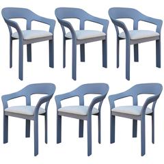 Set of Six Sculptural French Blue Grey Dining Chairs