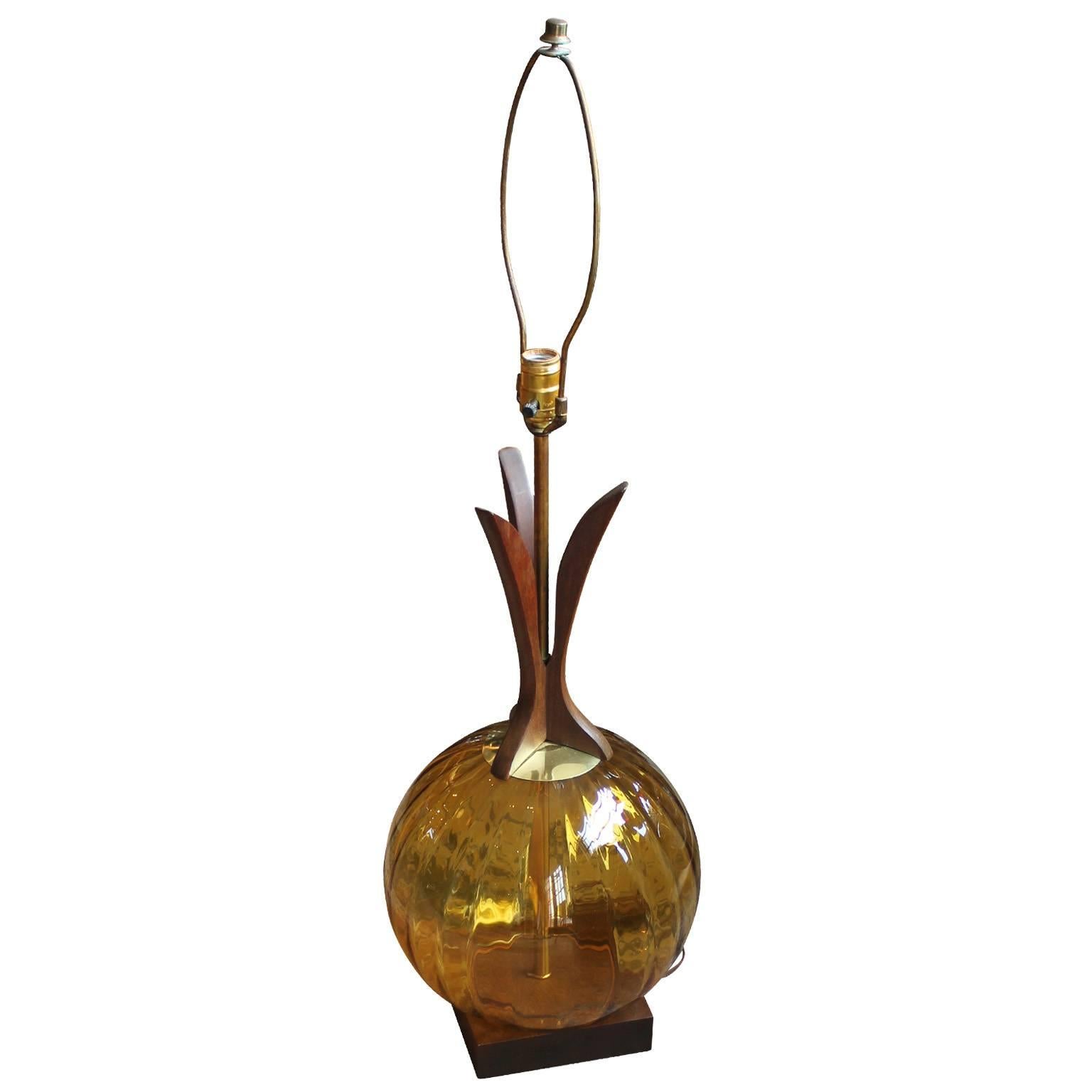Mid-Century Modern Pair of Modern Amber Glass Globe and Walnut Table Lamps