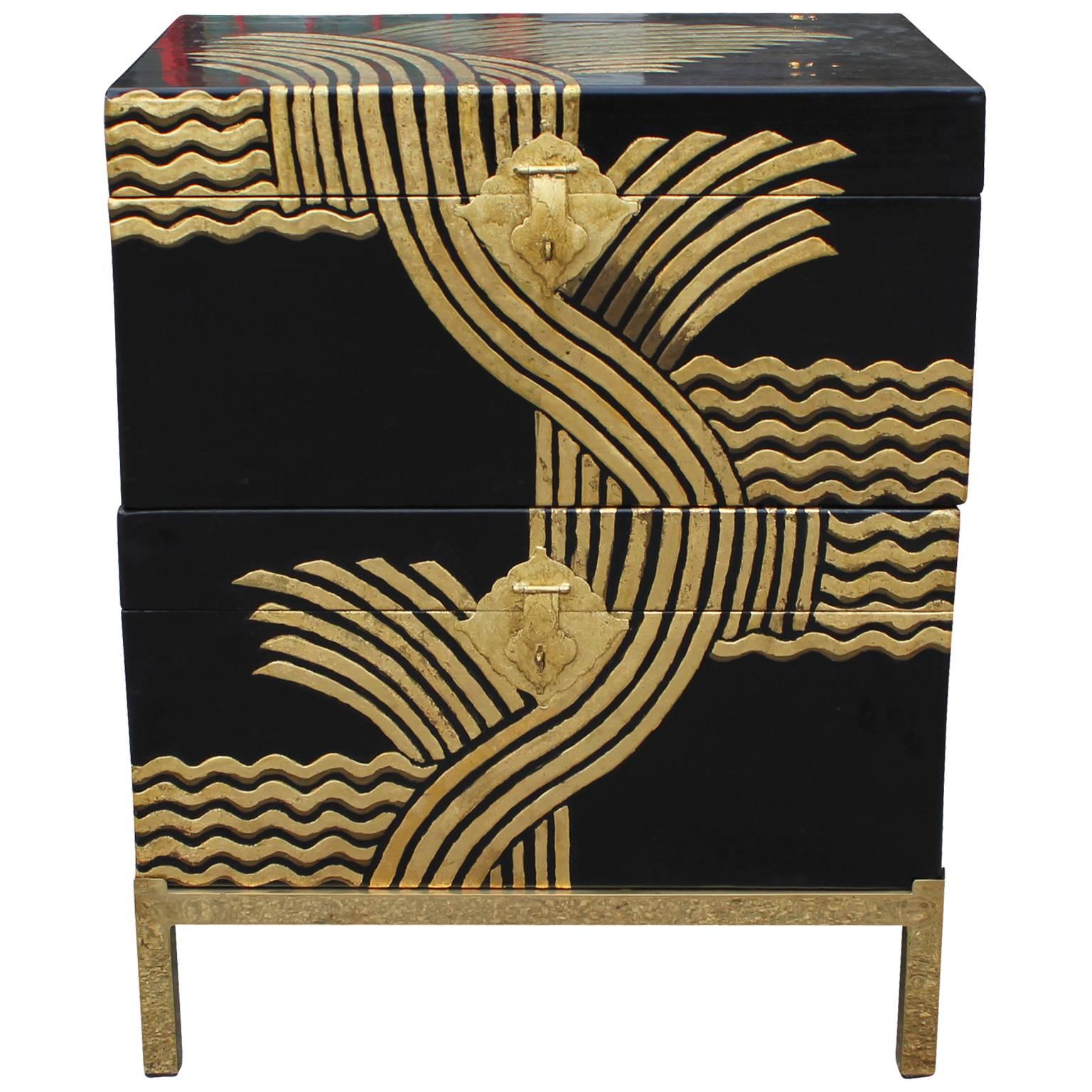 Stacked Asian Black Lacquer and Gold Stacked Chests