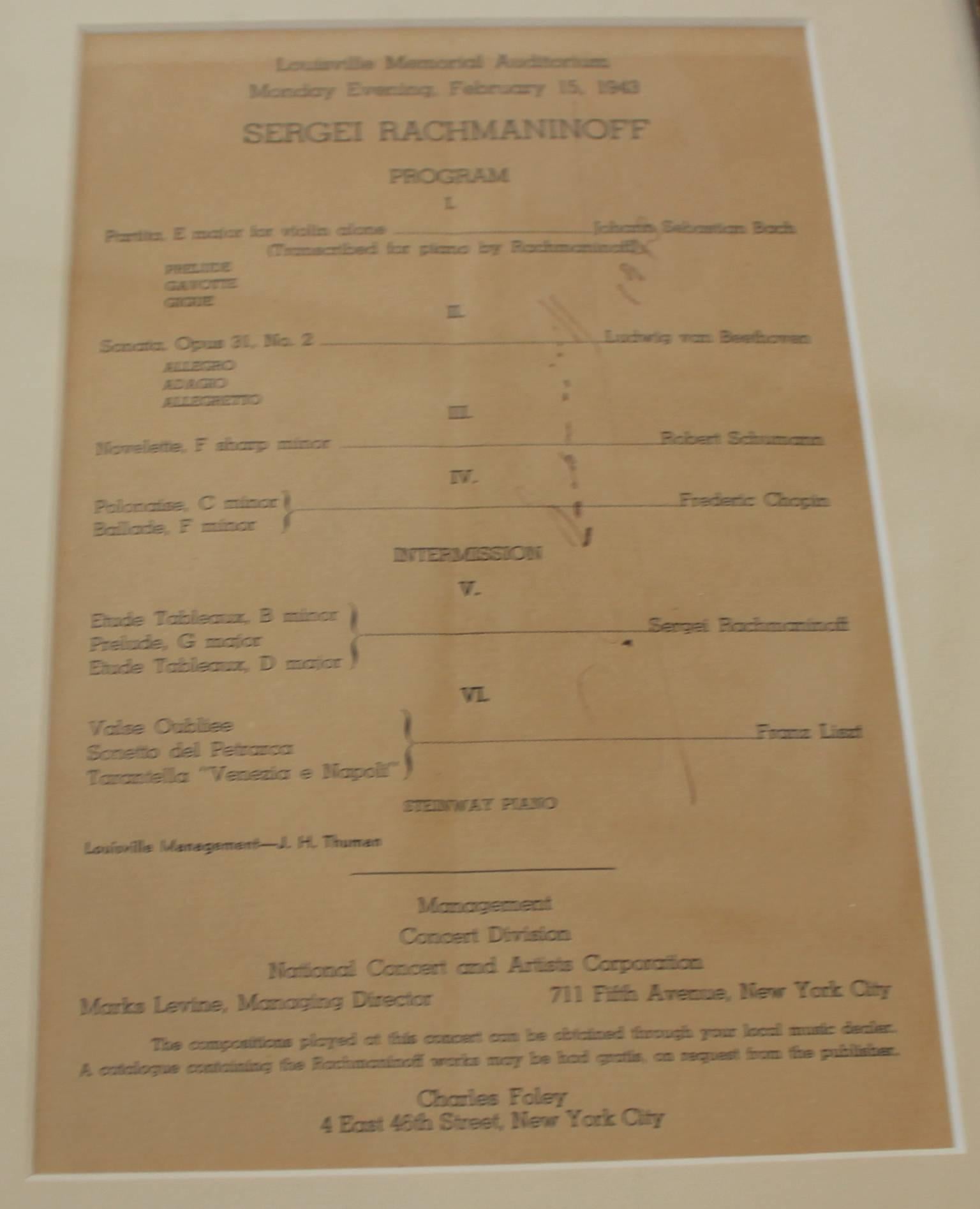 American Sergei Rachmaninoff Autographed Program 1943