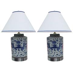 Excellent Pair of Chinese Blue and White Lamps on Lucite Bases
