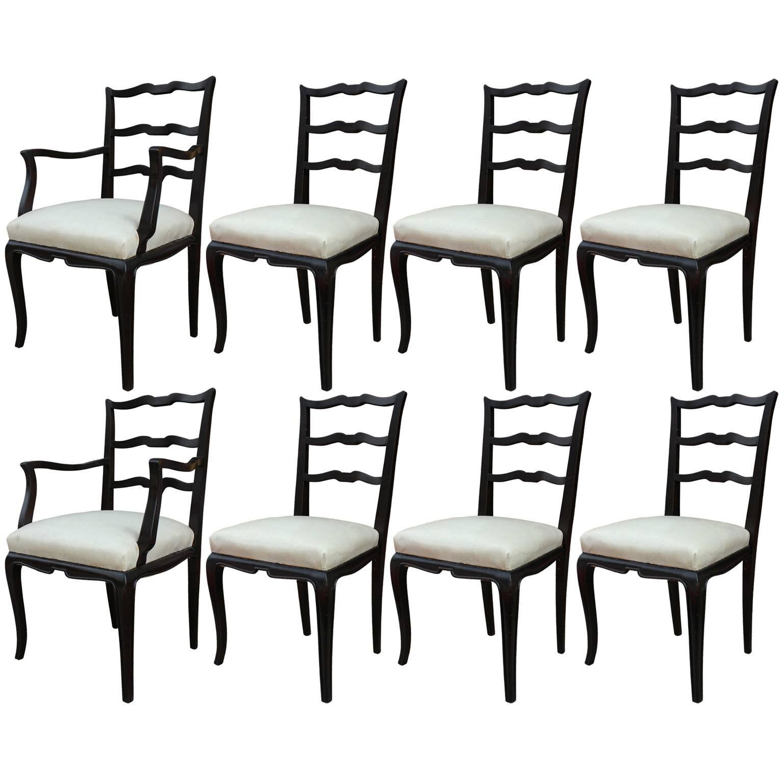Set of Eight Argentinian Ladder Back Dining Chairs in Cream Naugahy