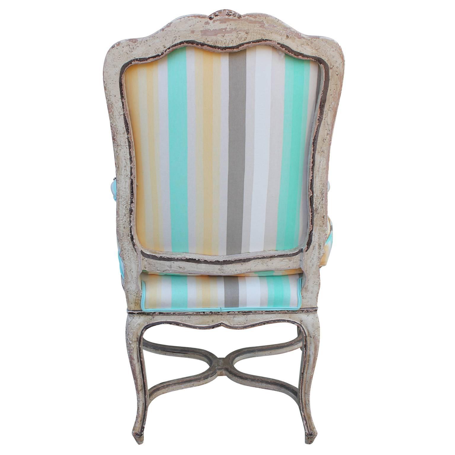 Down Set of Six French Louis XV Style Stretcher Base Dining Chairs in Striped Linen