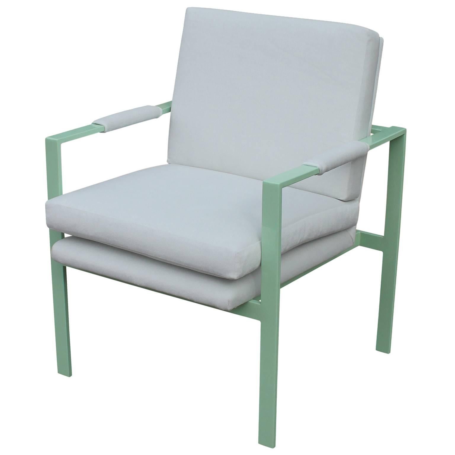Steel Incredible Pair of Mint Green and White Velvet Lounge Chairs