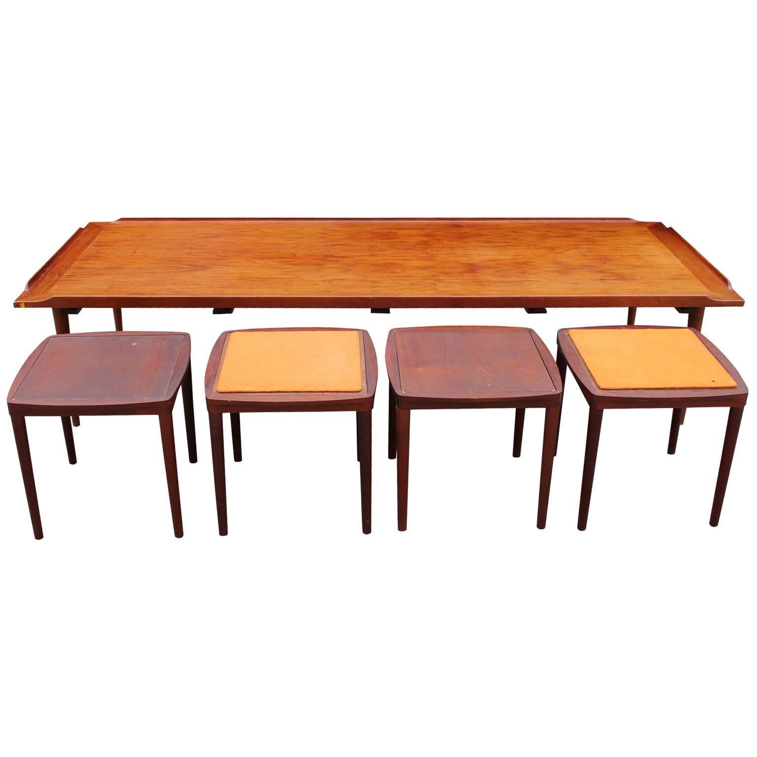 Teak Mid Century Modern Danish Coffee Table with Reversible Stools / Tables