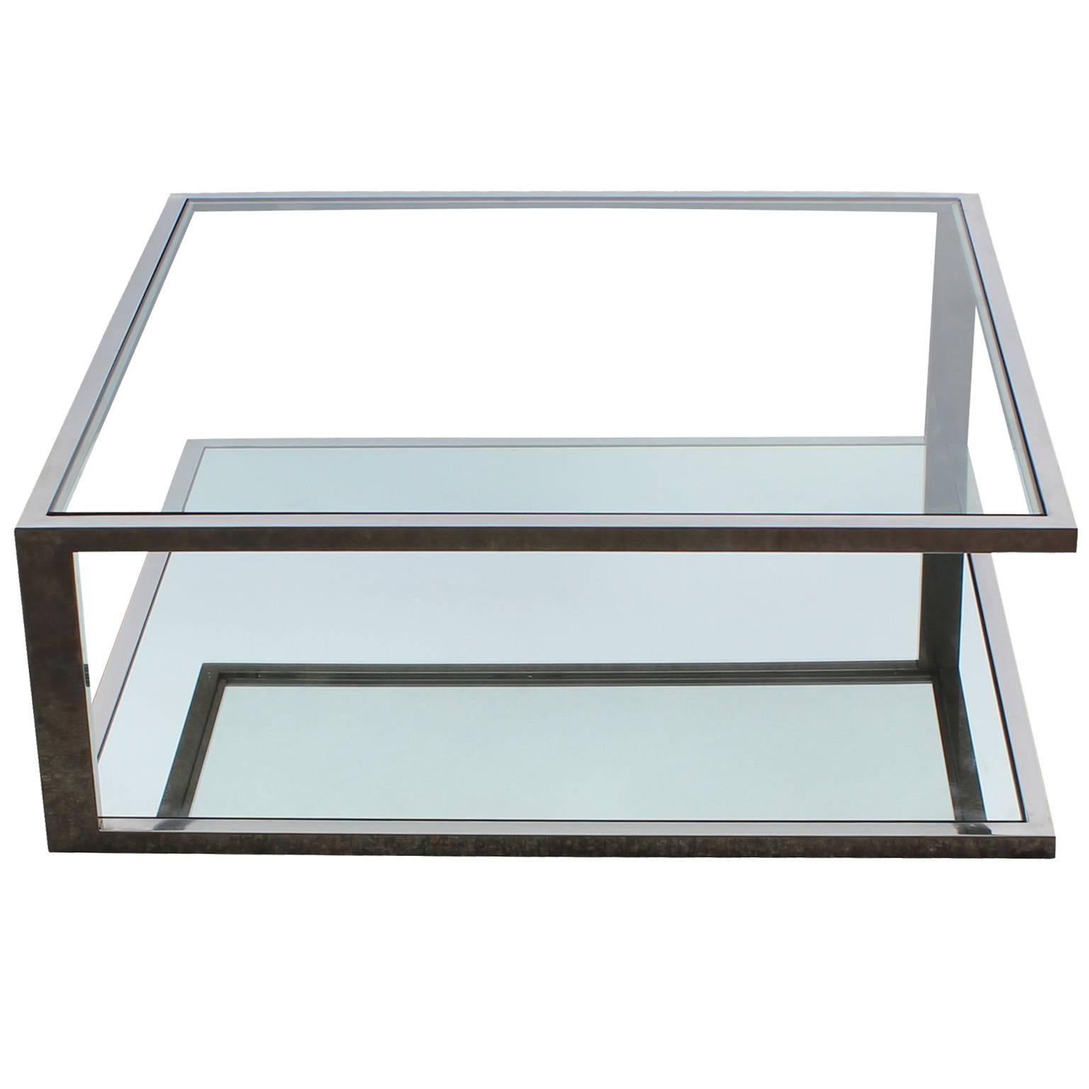 American Angular Modernist Square Chrome and Glass Coffee Table