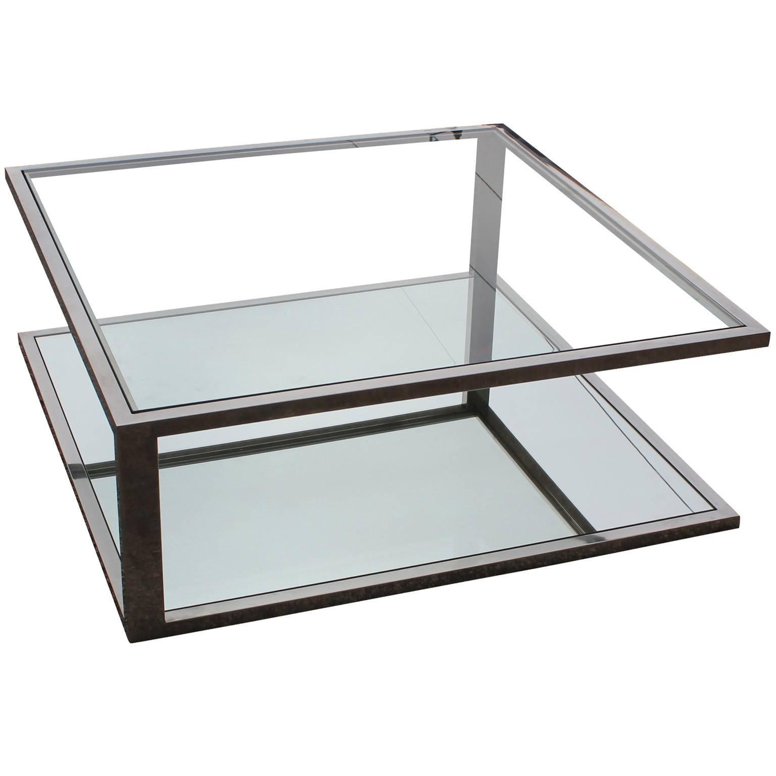 Hollywood Regency Angular Modernist Square Chrome and Glass Coffee Table