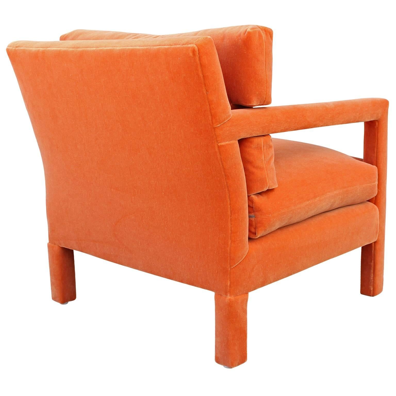 American Fabulous Pair of Milo Baughman Parsons Style Chairs in Orange Mohair Velvet