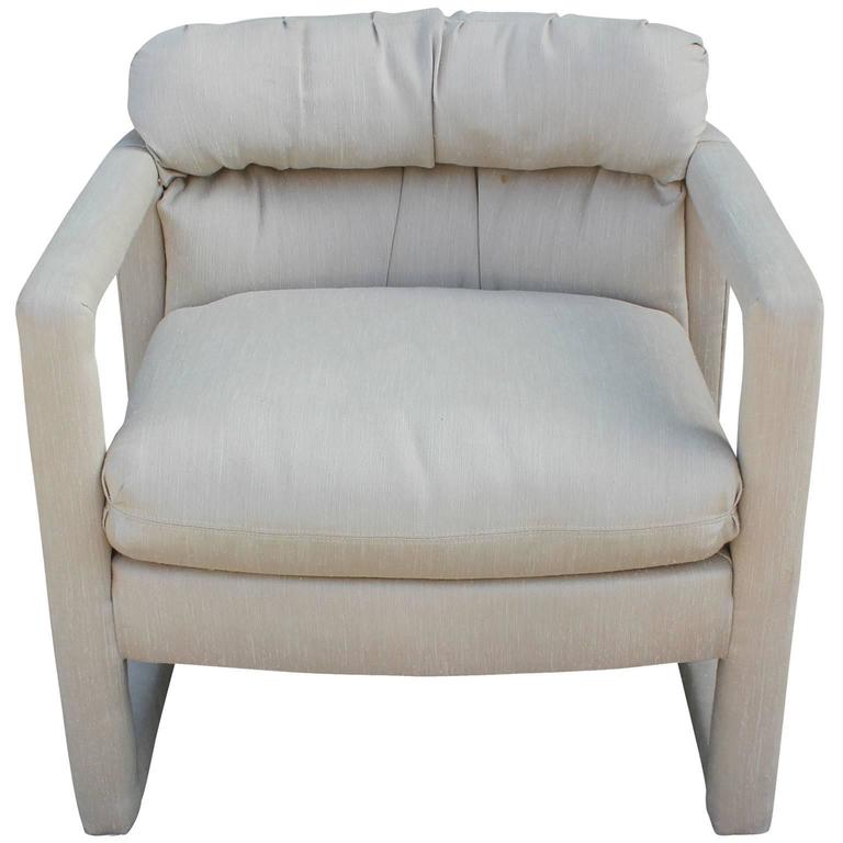 Modern Pair Of Drexel Barrel Back Parsons Chairs In Neutral Fabric
