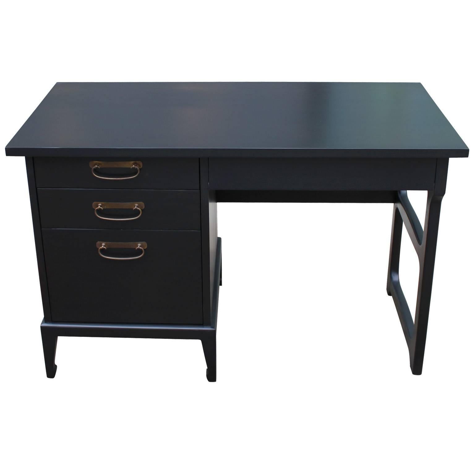 Modern Ebonized Desk with Brass Hardware by American of Martinsville In Excellent Condition In Houston, TX