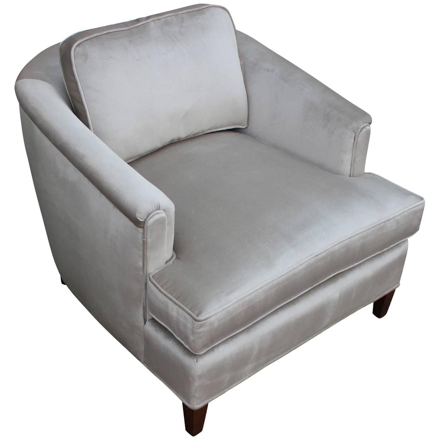 Stunning Pair of Barrel Back Lounge Chairs in Silver Grey Velvet at 1stdibs