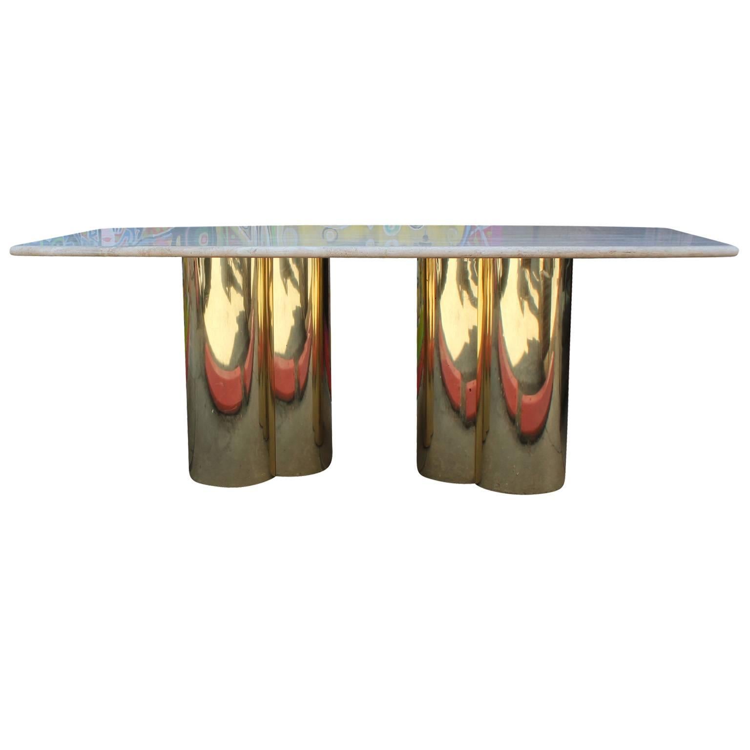 North American Glamorous Brass Pedestal and Travertine Dining Table