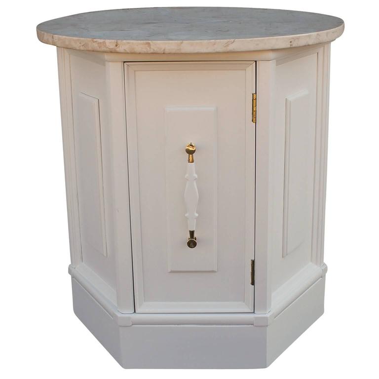 Luxe Pair Of Hexagonal Lacquered Side Tables With Round Marble