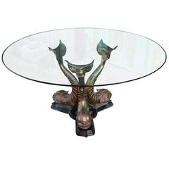 Fabulous Round Brass and Glass Dolphin Fish Dining Table