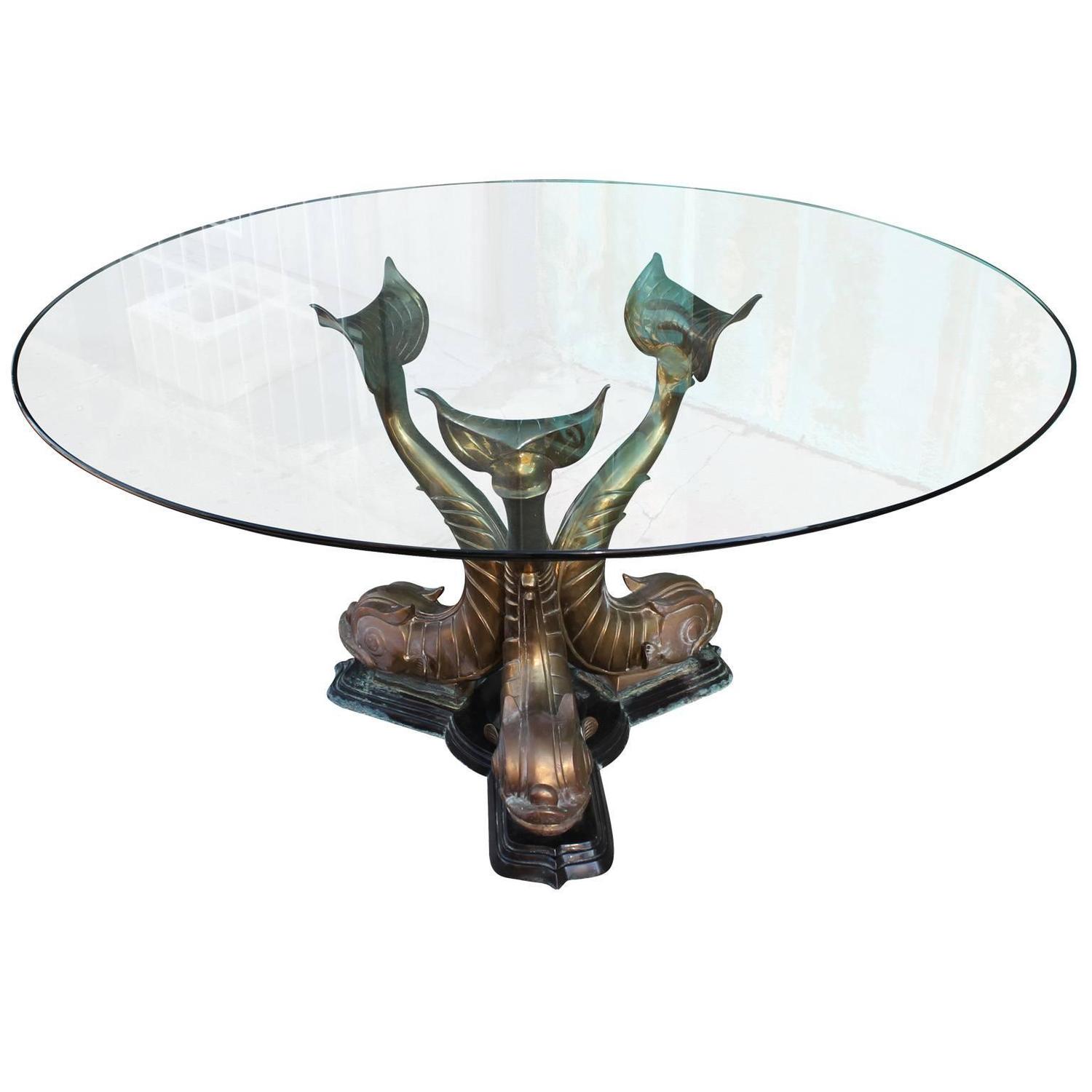 Fabulous Round Brass and Glass Dolphin Fish Dining Table For Sale at