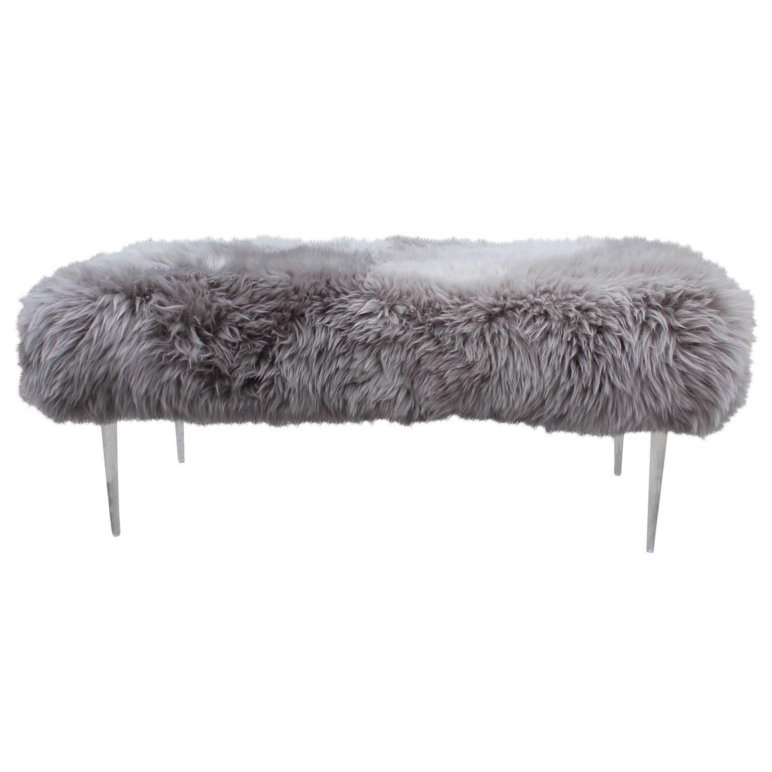 Plush Grey Sheepskin and Lucite Ottoman or Bench In Excellent Condition In Houston, TX