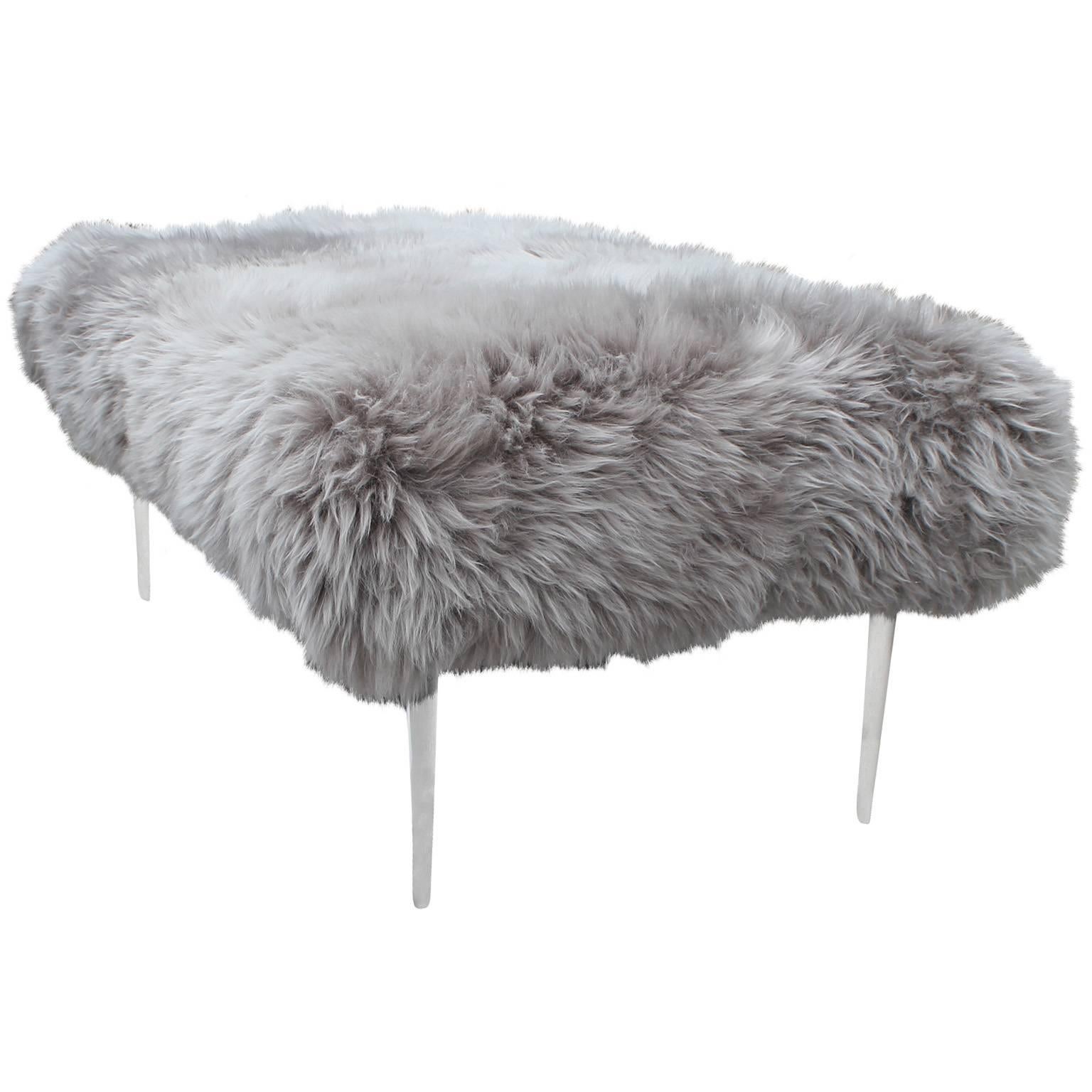 American Plush Grey Sheepskin and Lucite Ottoman or Bench
