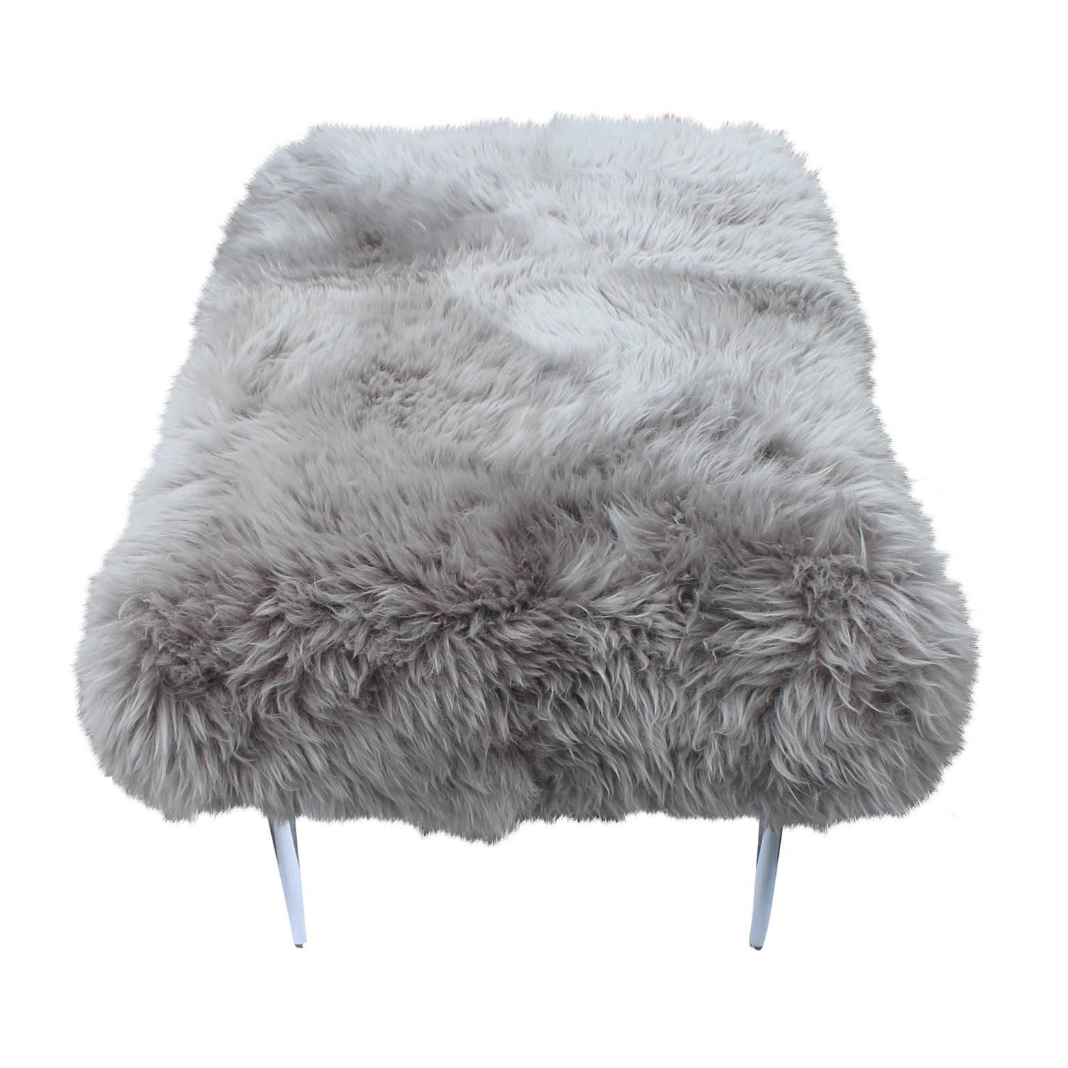 Hollywood Regency Plush Grey Sheepskin and Lucite Ottoman or Bench