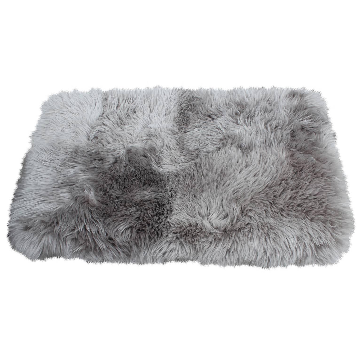 Contemporary Plush Grey Sheepskin and Lucite Ottoman or Bench