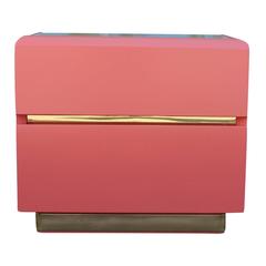 Glamorous Pair of Coral Lacquer and Brass Nightstands