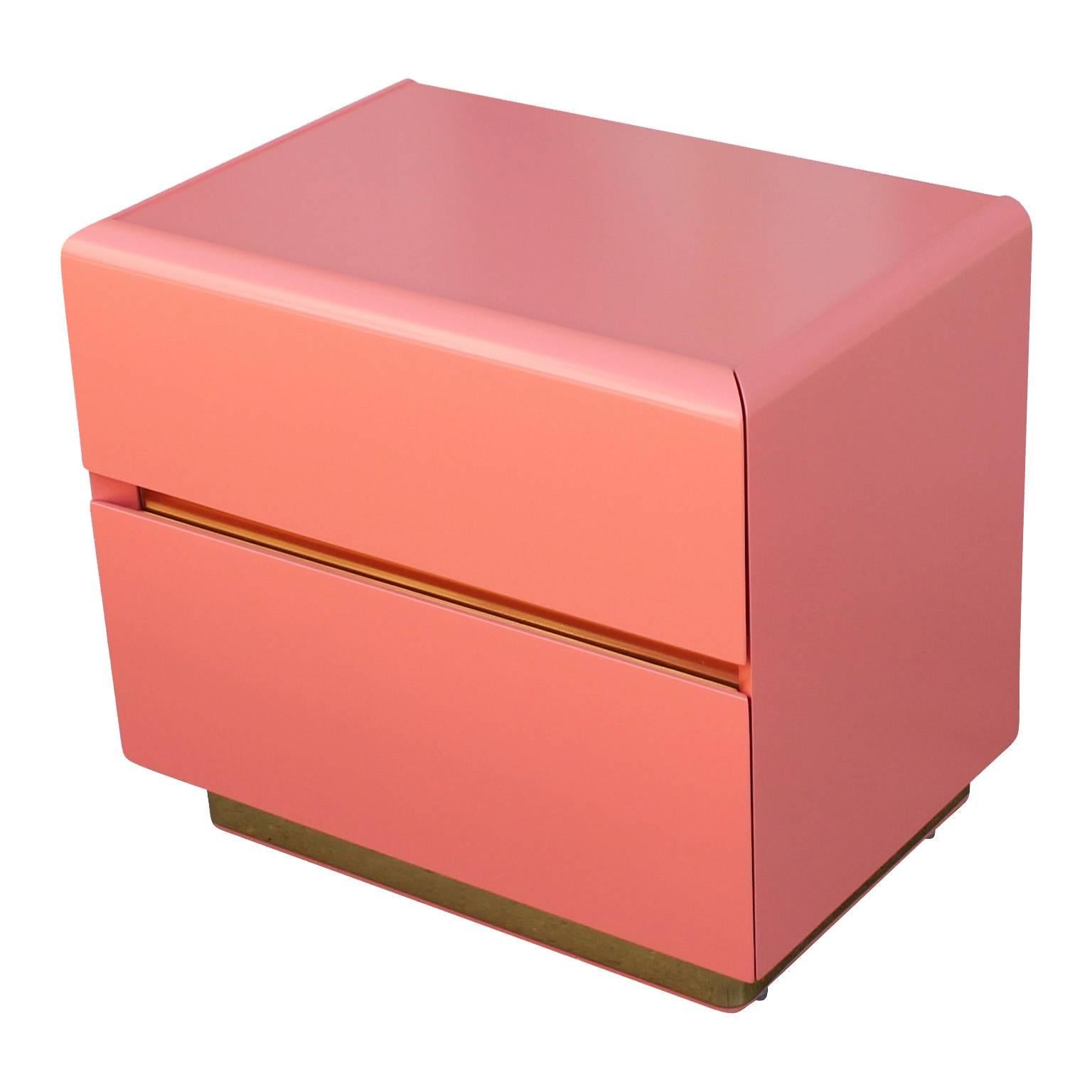 American Glamorous Pair of Coral Lacquer and Brass Nightstands